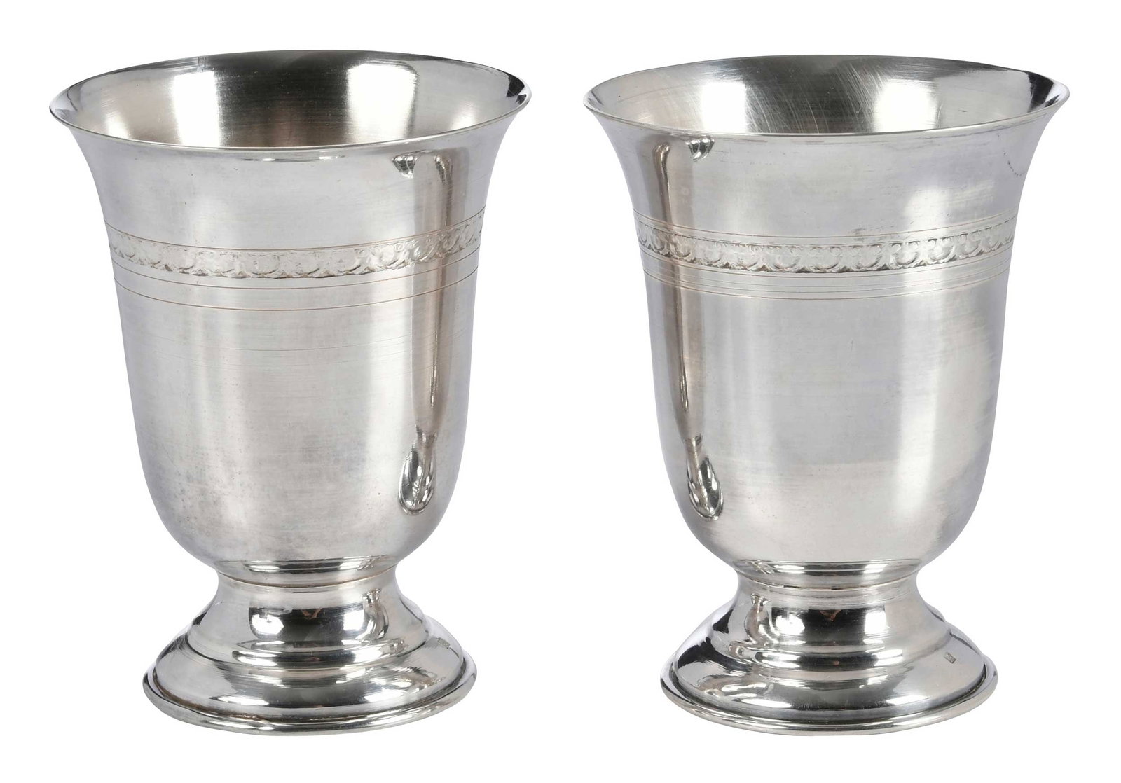 Pair of Egyptian Silver Goblets: mid 20th century, flared rim and footed bases, marks for Egypt, .900 fine, 7.52 oz. T., 4 x 3-1/4 in. Provenance: Private Collection, Asheville, North Carolina