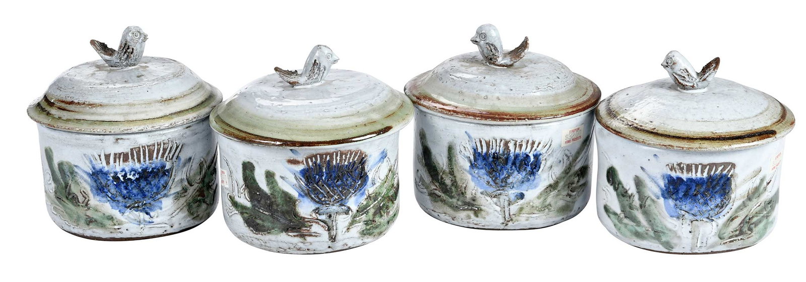 Four Albert Thiry Pottery Lidded Jars, Blue Thistle (1 of 5)