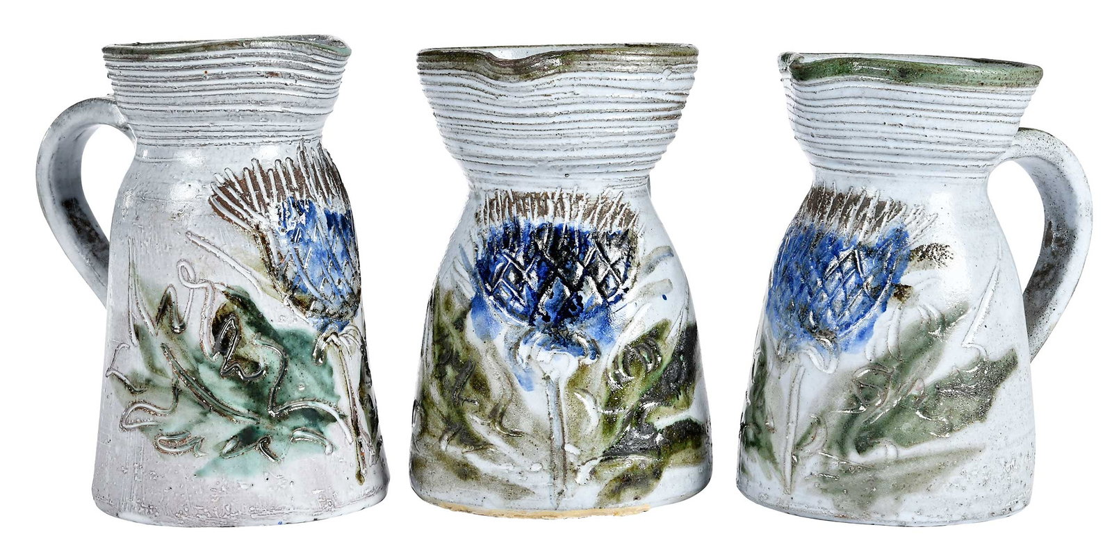 Three Albert Thiry Pottery Pitchers, Blue Thistle (1 of 4)