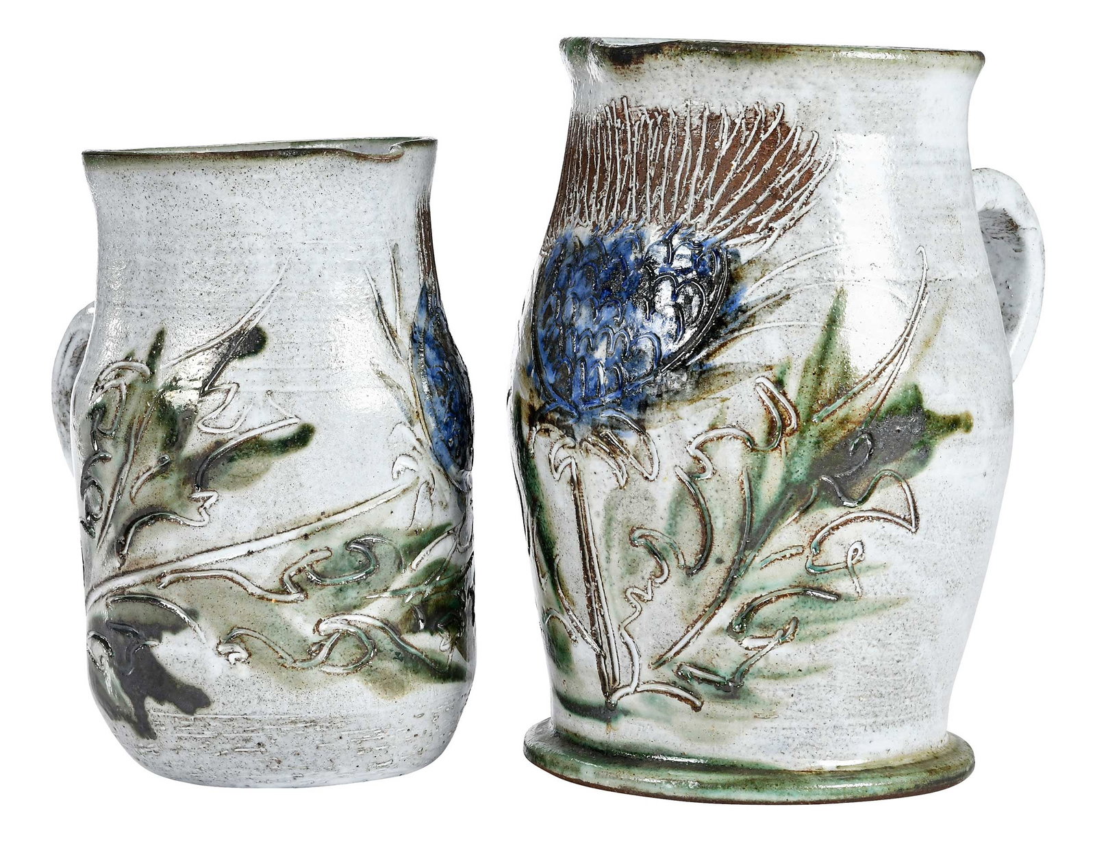 Two Large Albert Thiry Pottery Pitchers, Blue Thistle (1 of 7)
