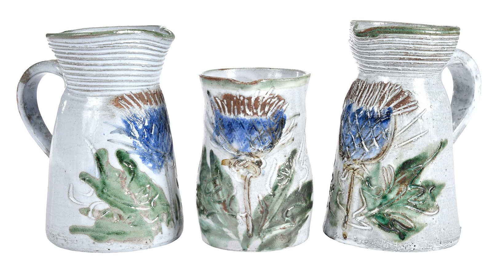 Three Albert Thiry Pottery Pitchers, Blue Thistle (1 of 5)