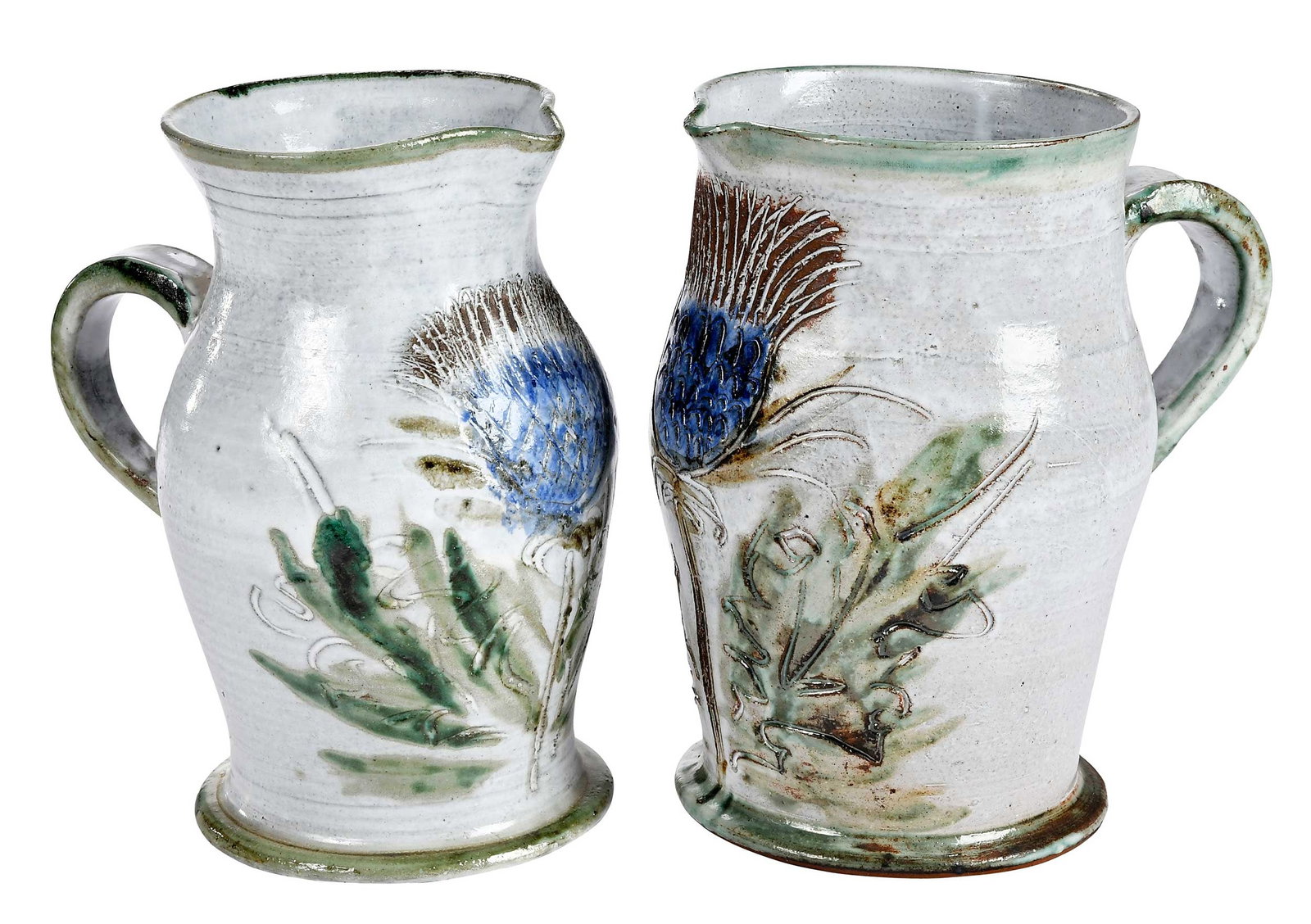 Two Large Albert Thiry Pottery Pitchers, Blue Thistle (1 of 6)