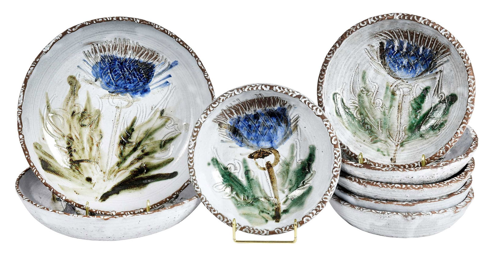Eight Albert Thiry Pottery Dishes, Blue Thistle (1 of 4)