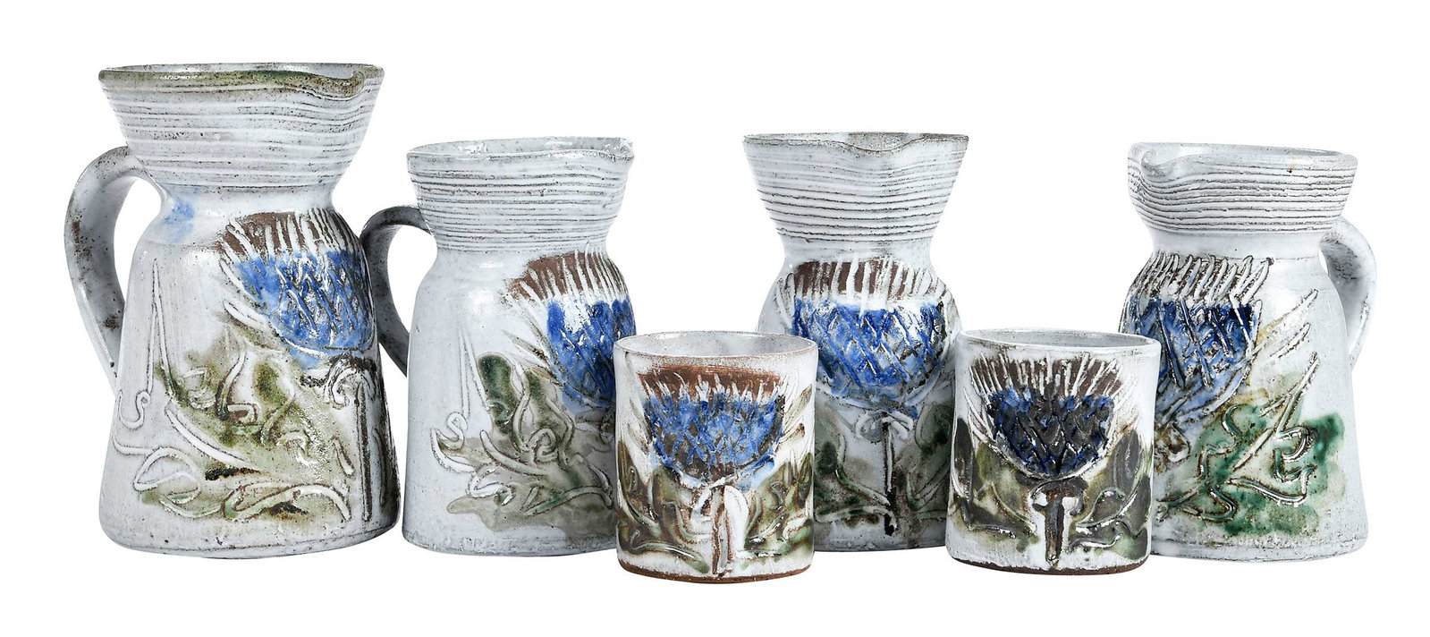 Six Pieces Albert Thiry Pottery Drinkware, Blue Thistle (1 of 4)