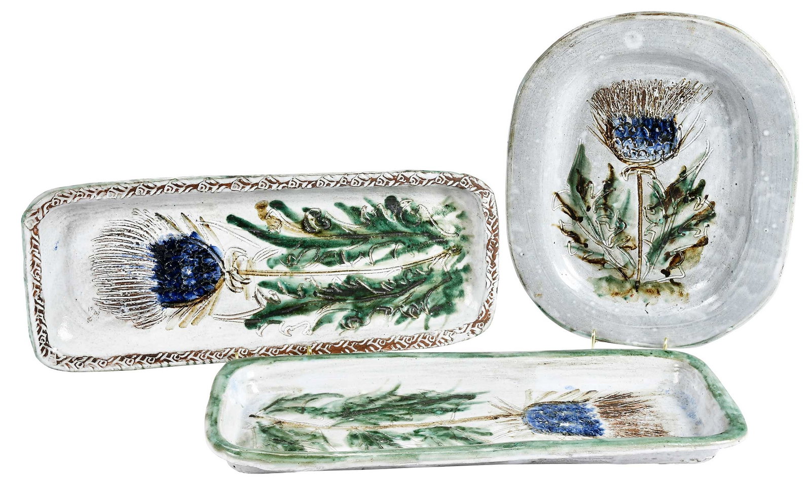 Three Large Albert Thiry Pottery Trays, Blue Thistle (1 of 4)