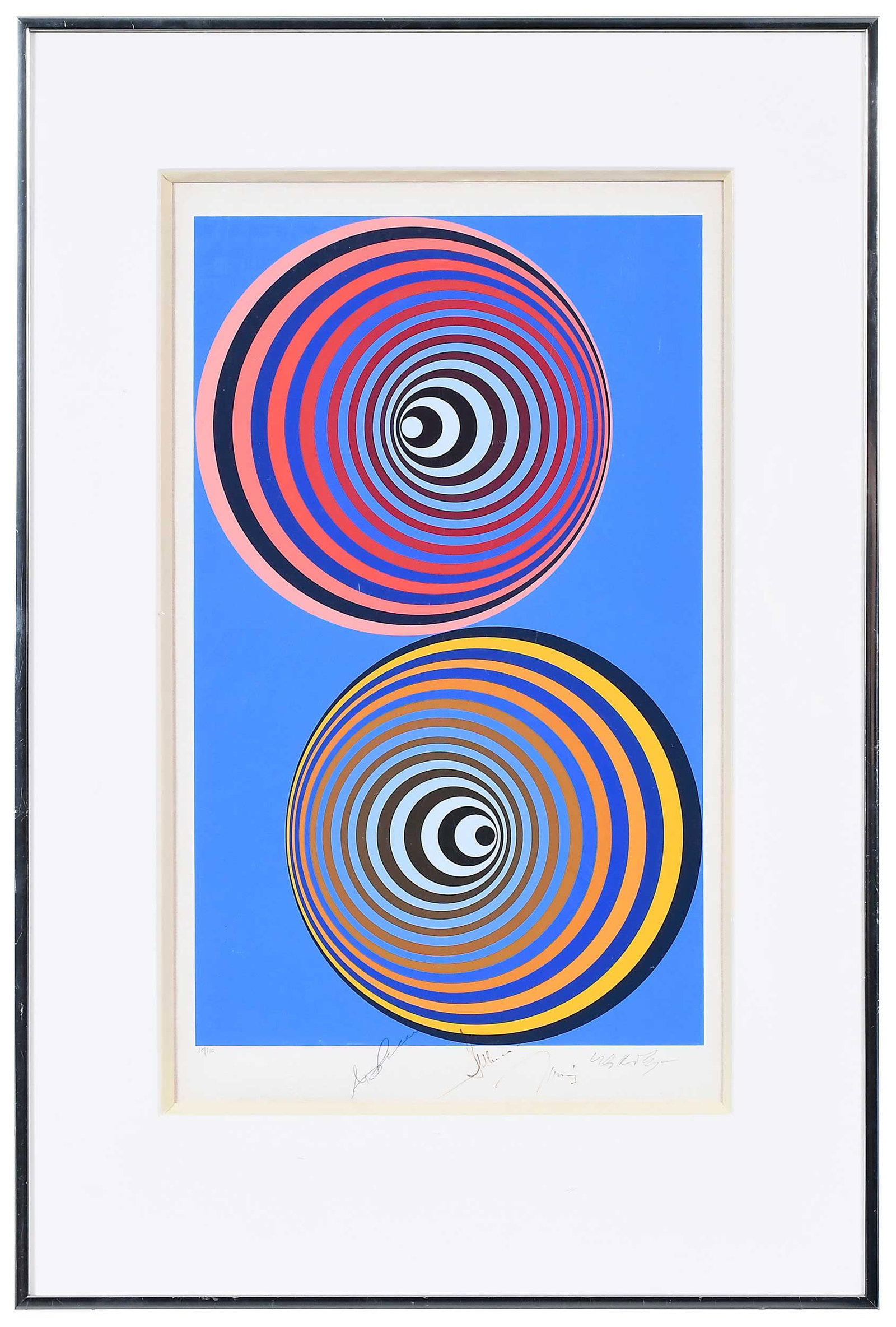 Oerveng Cosmos by Victor Vasarely, with Cosmonaut Signatures: color silkscreen print of geometrical abstraction by Hungarian-French artist Victor Vasarely, on 160 gram paper, artist signed and numbered 65/500, double blind stamped, additionally bearing signature
