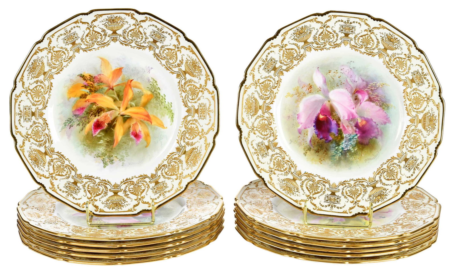 Twelve Royal Doulton David Dewsberry Orchid Dinner Plates: English, early 20th century, each with signature "D. Dewsberry", maker's marks to bases, 3/4 x 10-1/2 x 10-1/2 in. Provenance: Private Collection, New York