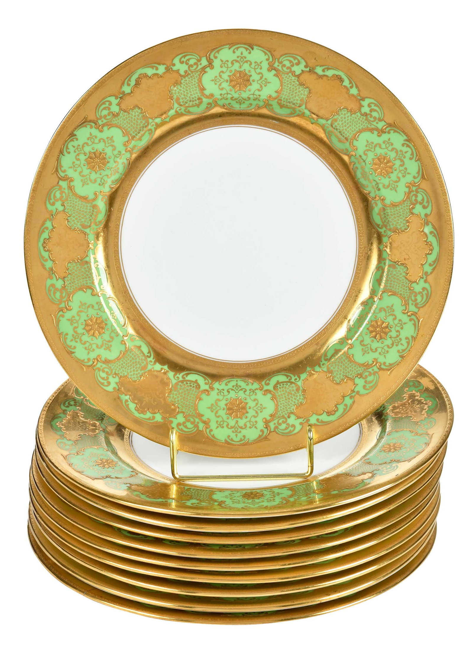 Ten Gilt and Green Coalport Plates: English, late 19th century, maker's mark to bases, 7/8 x 10-1/4 x 10-1/4 in. Provenance: Private Charlotte Collection