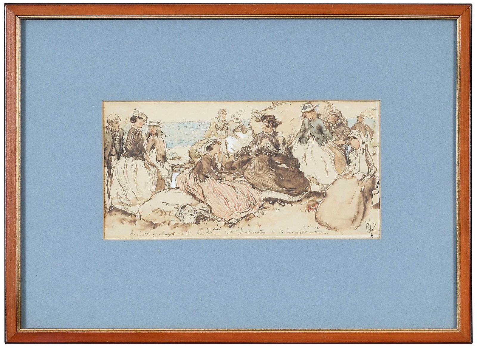 Charles Samuel Keene: (English, 1823-1891) Science by the Seaside, Mrs. Jabbersley on Primary Formation, signed lower right "CK", title inscribed along bottom edge, ink and watercolor on paper, 5-1/2 x 11-1/2 in.; wood