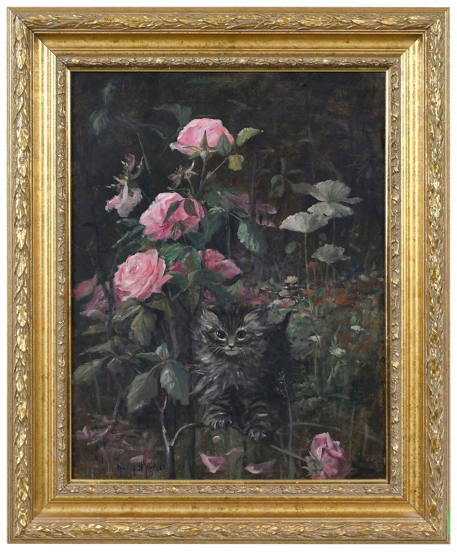 Nelly Hartnell Yeats: (British, 1866-1927) In the Rose Bed, signed lower left "Nelly H Yeats", titled on old label verso, oil on canvas, 22 x 17 in.; gilt wood and composition frame, 28-1/2 x 23-1/2 x 2-1/4 in.