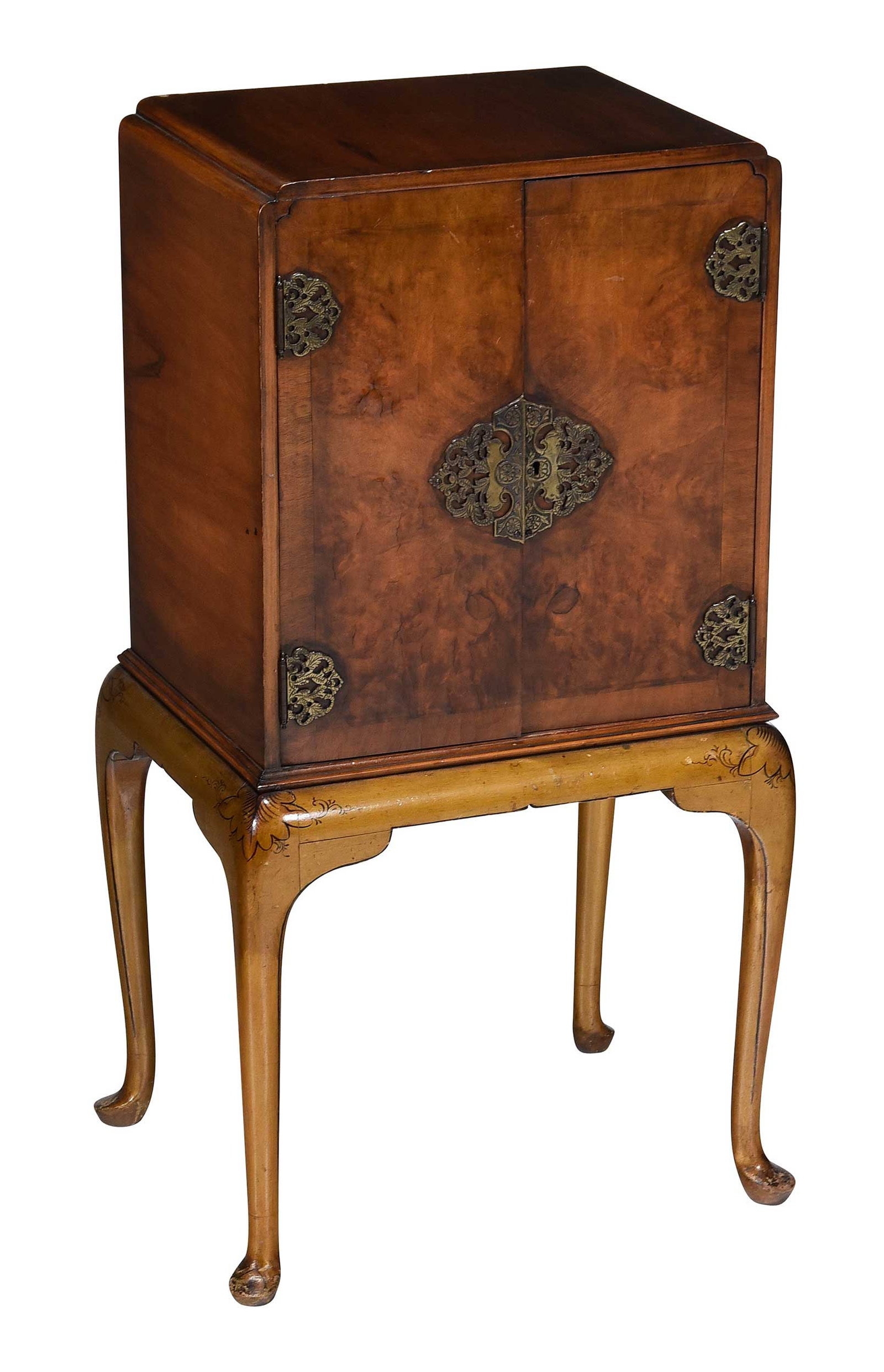 Queen Anne Style Chinoiserie Walnut Bar Cabinet: 20th century, interior with pigeon holes, burl walnut veneer doors, gold painted stand and chinoiserie mounts, 32 x 18 x 14 in. Provenance: Private Collection