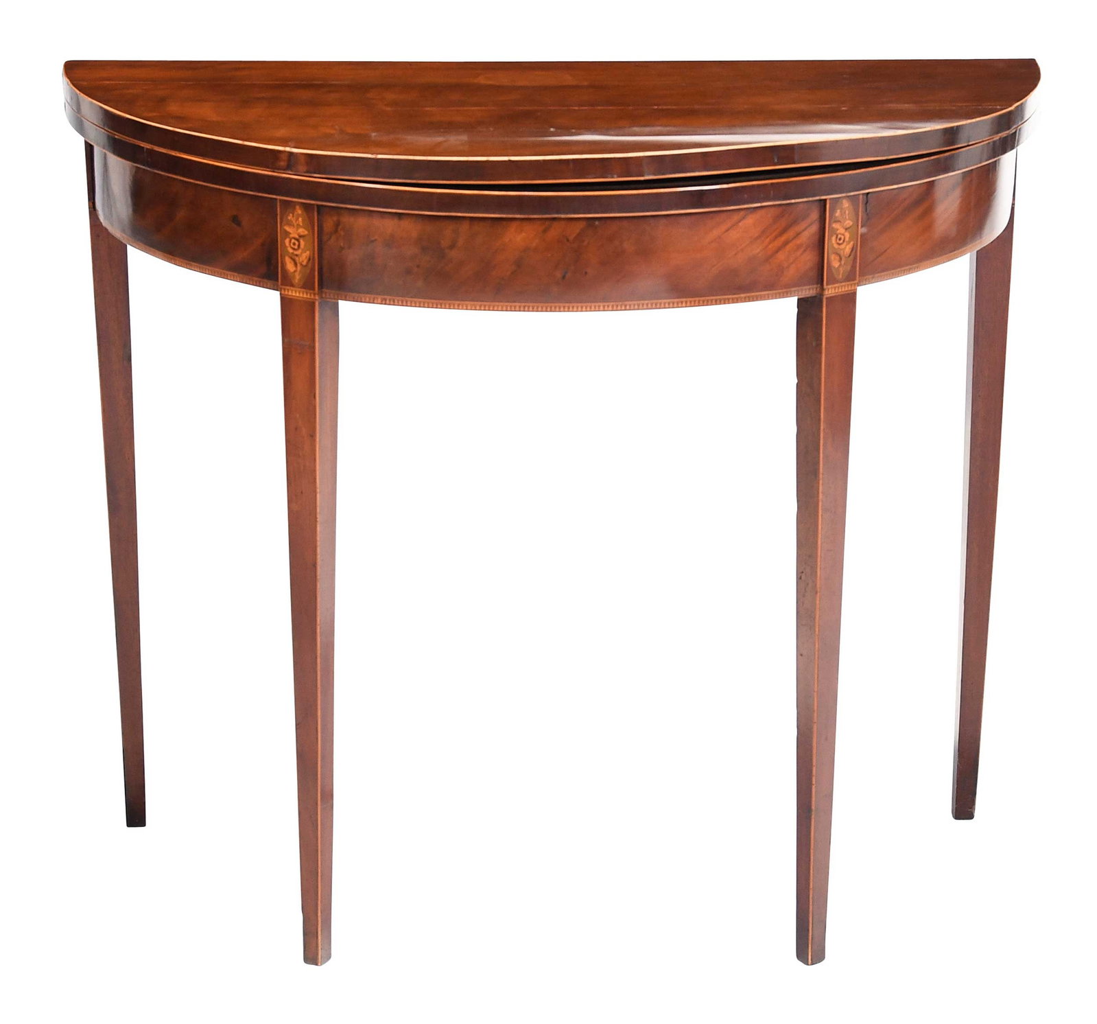 George III Inlaid Mahogany Demilune Games Table: British, early 19th century, inlaid trim with floral and foliate spray paterae to stiles, opens to green felt top, underside inscribed Southam(?), closed 28-1/2 x 34-1/2 x 16-1/2 in., open 27-3/4 x