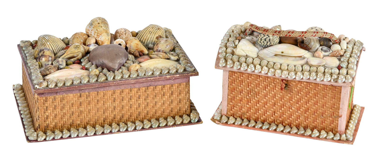 Two Small Shellwork and Rattan Sailor Boxes: early 20th century, one dome top example, one rectangular example, papier mache and shell construction, larger 3-1/4 x 7 x 5 in. Provenance: Private Florida Collection