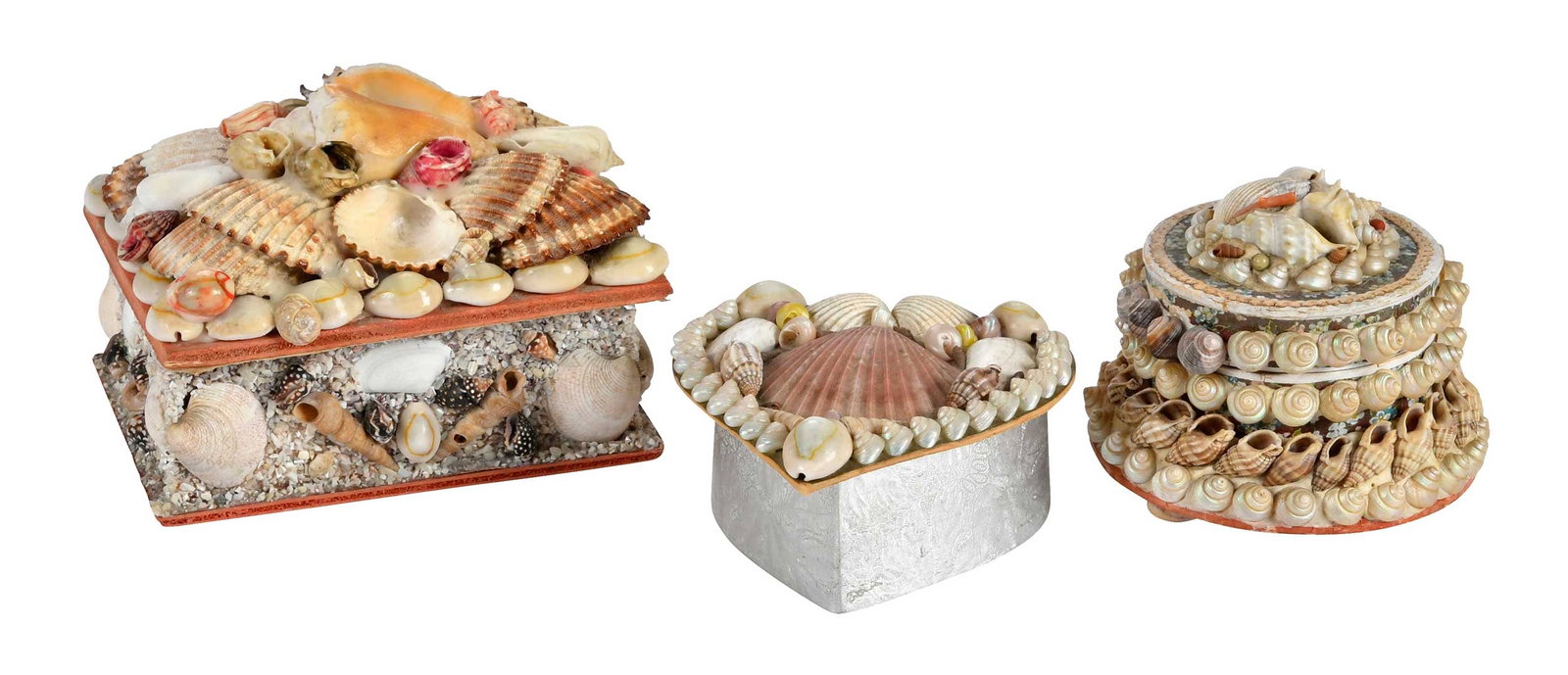 Three Small Shellwork Sailor Boxes: early 20th century, various forms, papier mache, wood, and shell construction, largest 3-1/2 x 5-1/4 x 4 in. Provenance: Private Florida Collection