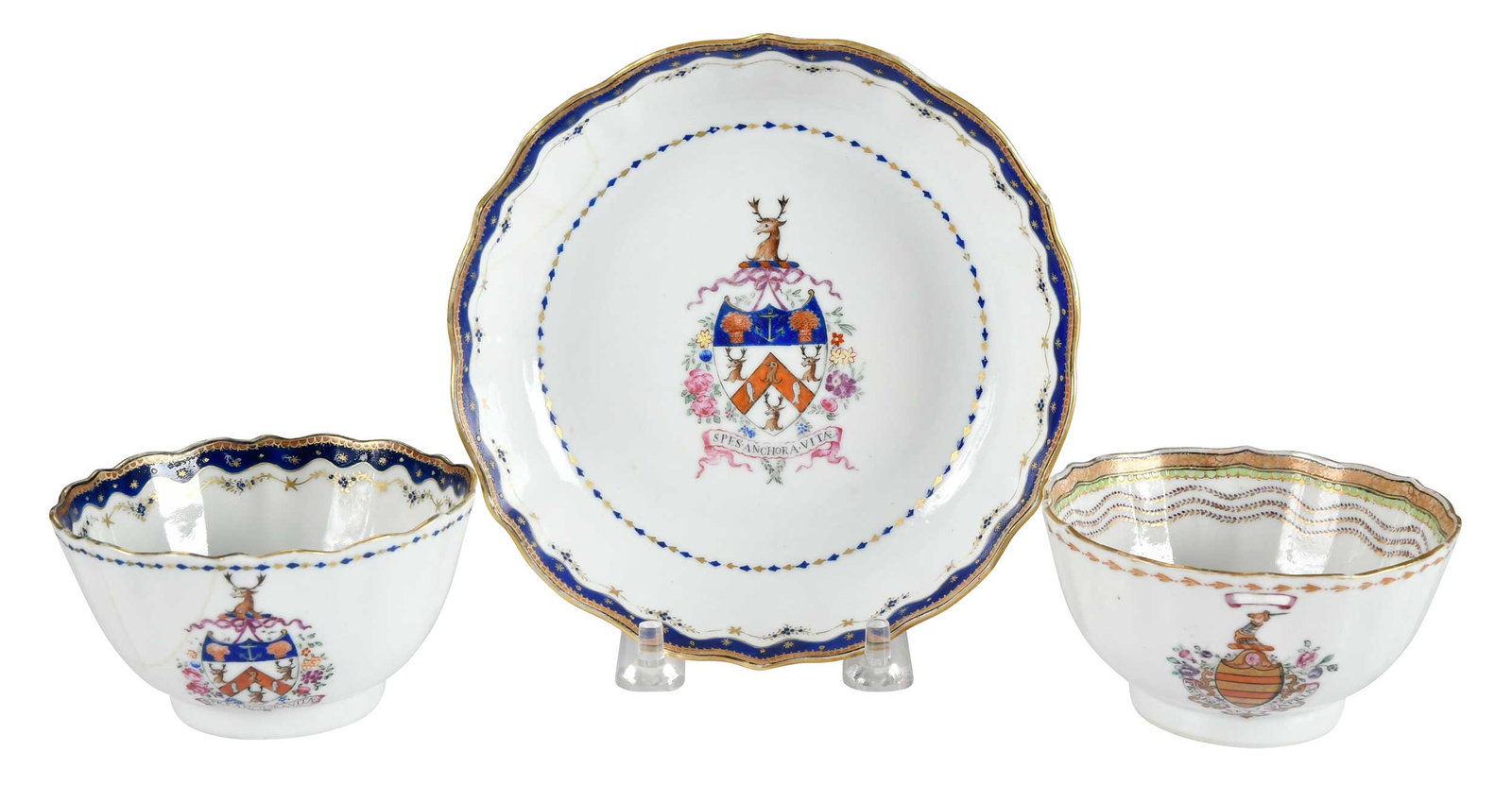 Two Chinese Export Armorial Teacups, Cameron and Macleay: circa 1790, enamel bands and gilt, comprising: teacup with arms of Cameron and mottos "Unite" and "Pro Rege et Patria", 1-7/8 x 3-1/2 x 3-1/2 in.; teacup and saucer with arms of Macleay and "Spes Anch