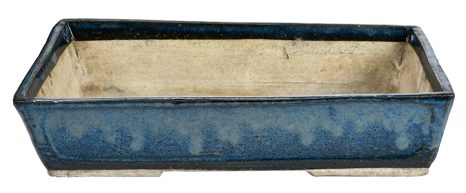 Chinese Junyao Glaze Ceramic Bonsai Planter: variegated blue glaze, 3-7/8 x 18-1/2 x 11-7/8 in. 