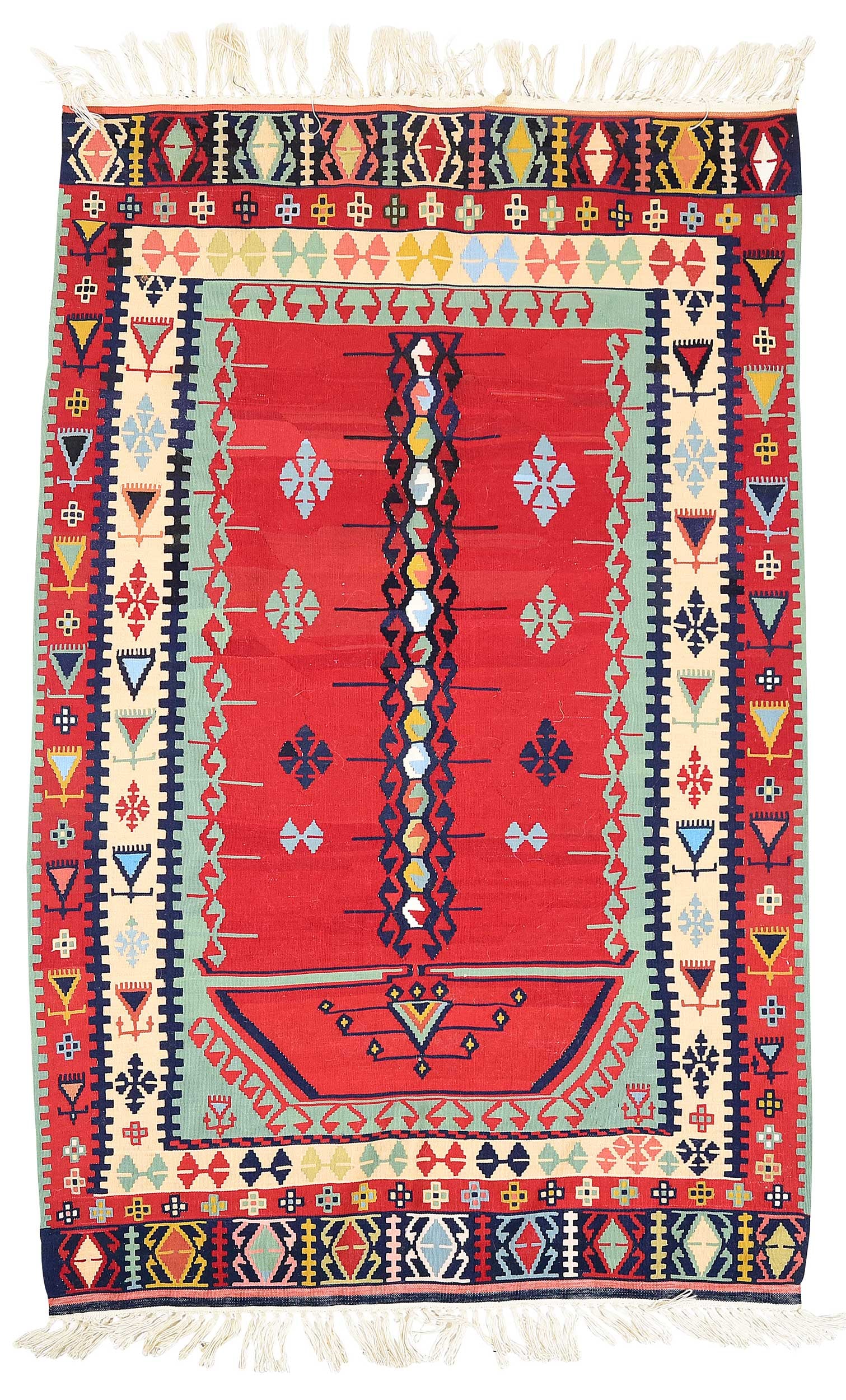Turkish Prayer Kilim: second half 20th century, red mihrab field, geometric medallions throughout, 6 ft. 2 in. x 3 ft. 8 in. Provenance: Private Collection, Asheville, North Carolina