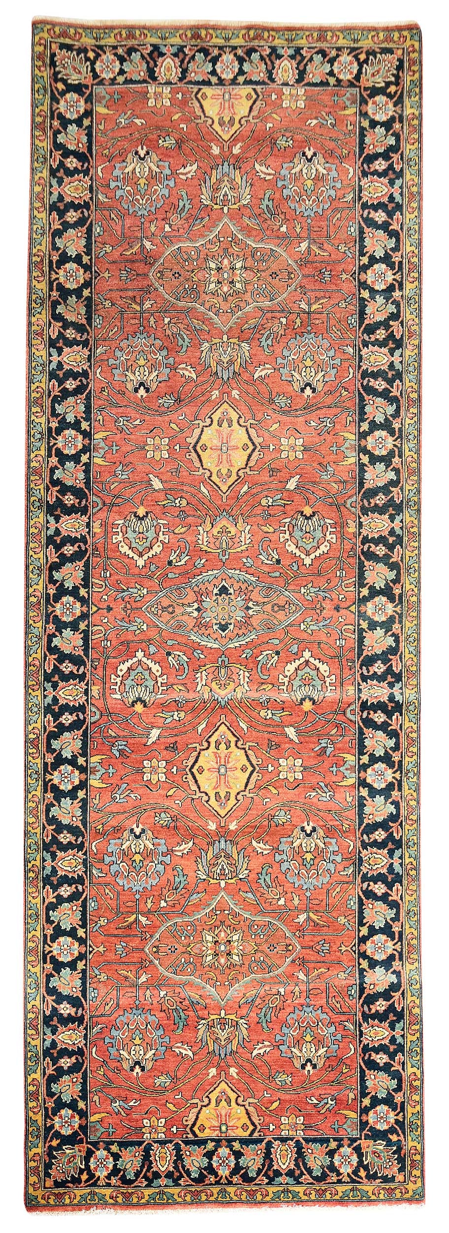 Persian Runner: late 20th century, floral and foliate motif on red field, blue main border, 12 ft. x 4 ft. 1 in. 