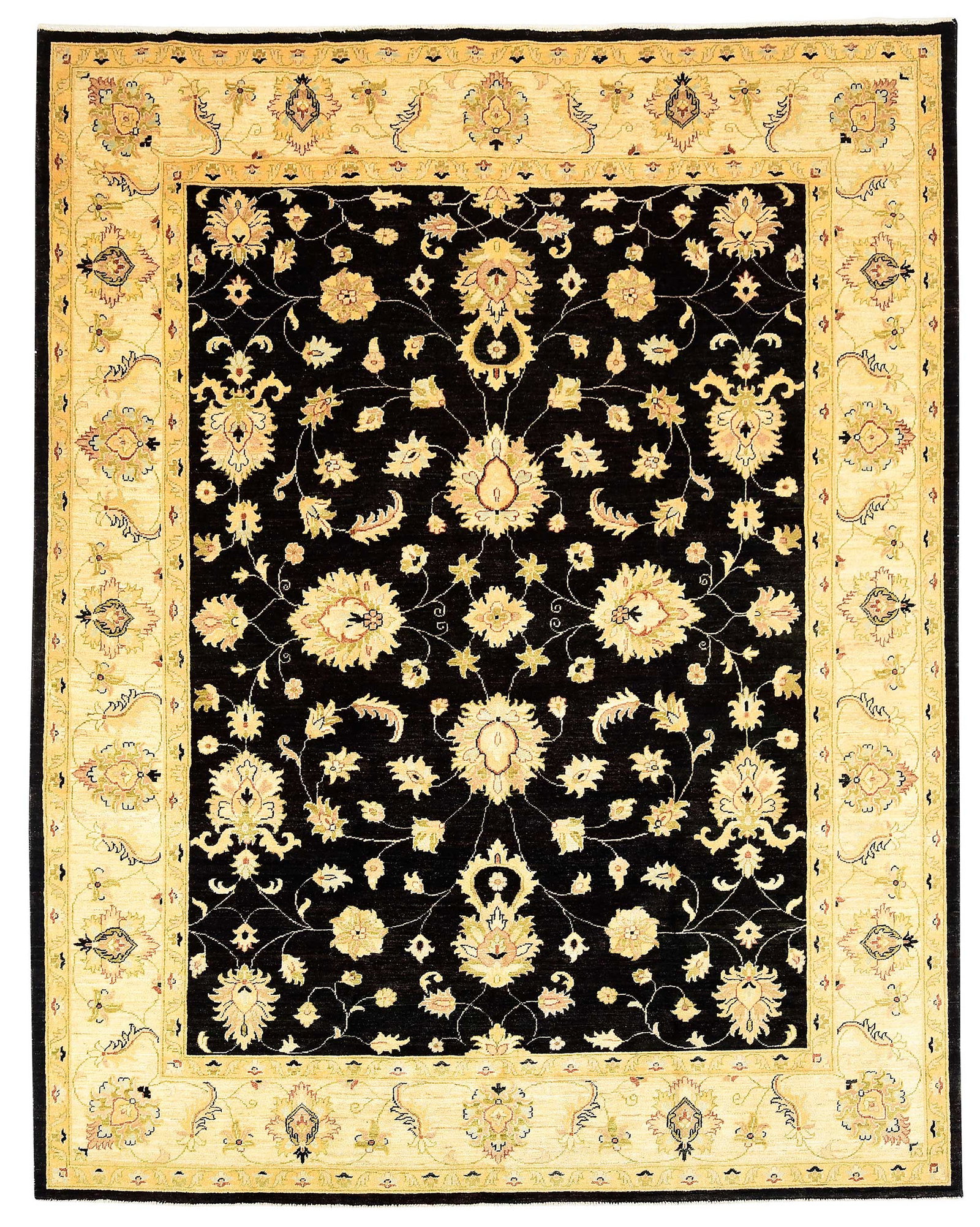 Oushak Style Rug: late 20th century, black field, foliate motif throughout, 9 ft. 10 in. x 7 ft. 11 in. 