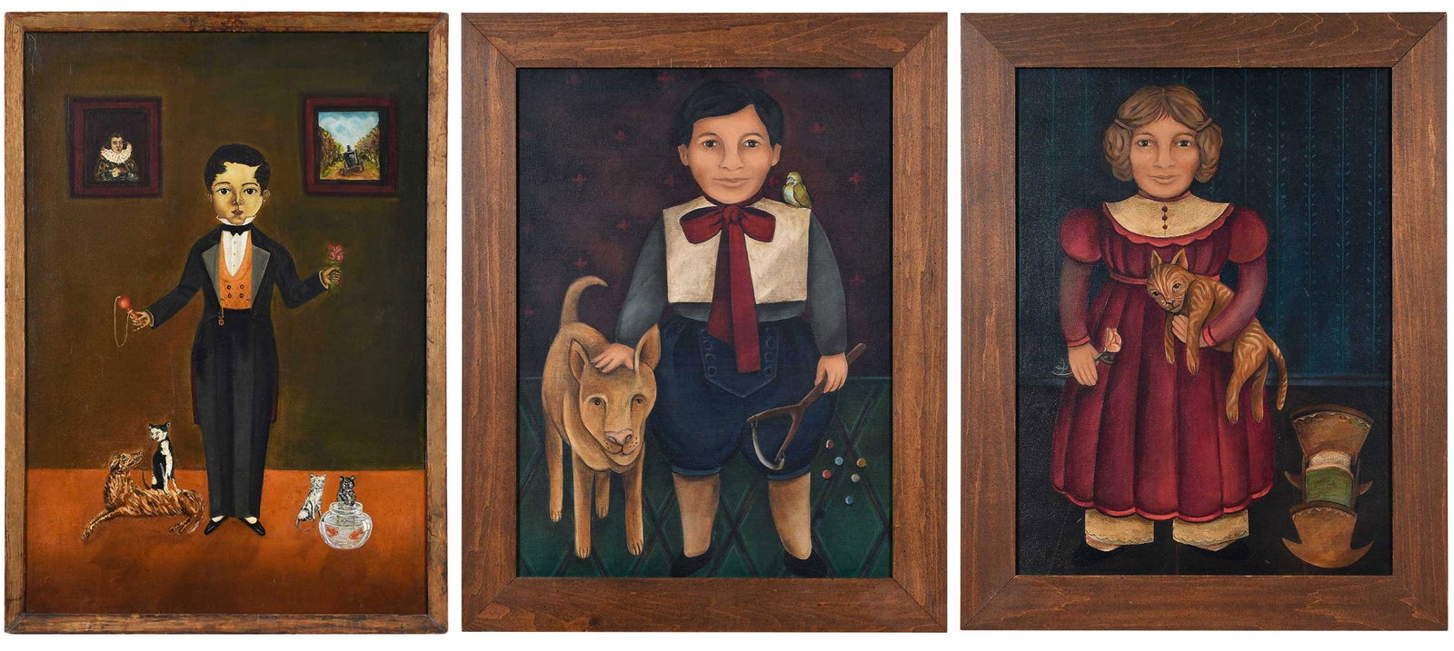 Three Contemporary Folk Art Paintings: (20th/21st century) Boy in a Tuxedo, in the style of Horacio Renteria Rocha (Spanish, 1912-1972), signed indistinctly lower right "Sabils", oil on canvas, 26 x 17-7/8 in.; gilt wood liner lacking oute