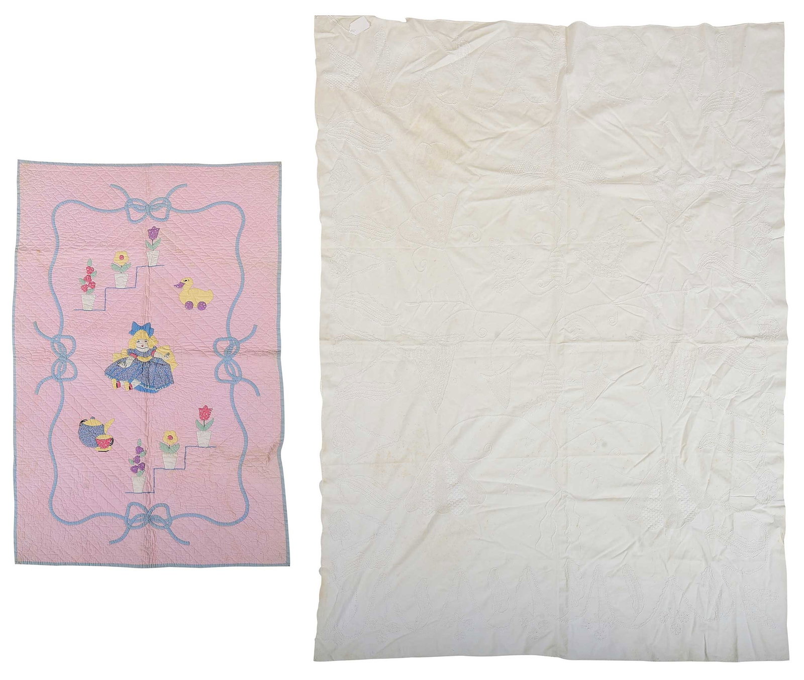 Four American Cotton Bedding Textiles: circa 1930-40, doll quilt, accession no. 1976.4.1; circa 1930-50, crib quilt, accession no. 1988.28.1; 19th century, bed curtain panel and bedspread, panel circa 1820-30; largest 102 x 69 in.