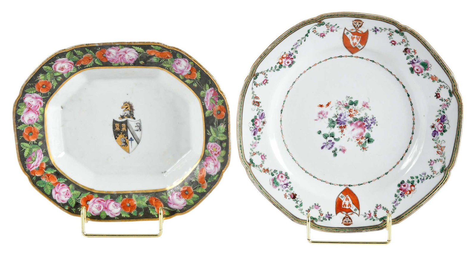 Two Chinese Export Armorial Porcelain Dishes: circa 1810, wide floral band centering arms of Smyth impaling Denison, 1-1/2 x 9 x 7-7/8 in.; circa 1775, flower festoons centering floral decoration, the arms of Stevenson with Cockayne (or