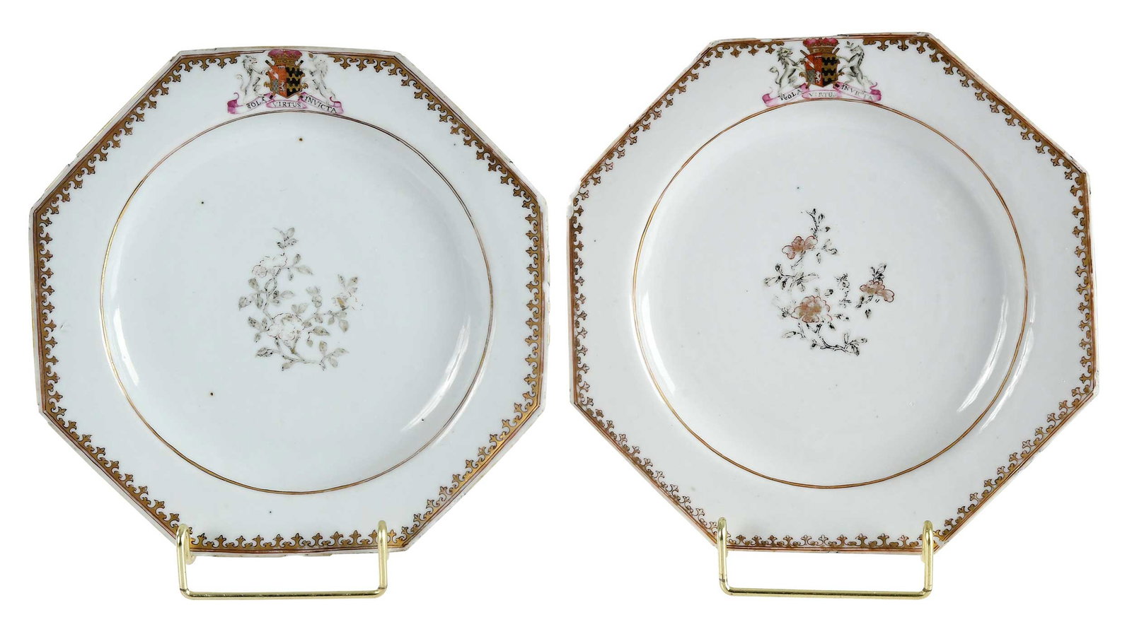 Pair of Chinese Export Armorial Porcelain Plates, Howard and Blount: circa 1730, spearhead banding centering floral decoration, arms of Howard, Duke of Norfolk impaling Blount, motto reads "Sola virtus invicta", 7/8 x 8-1/2 x 8-1/2 in. Provenance: The Collection of J.