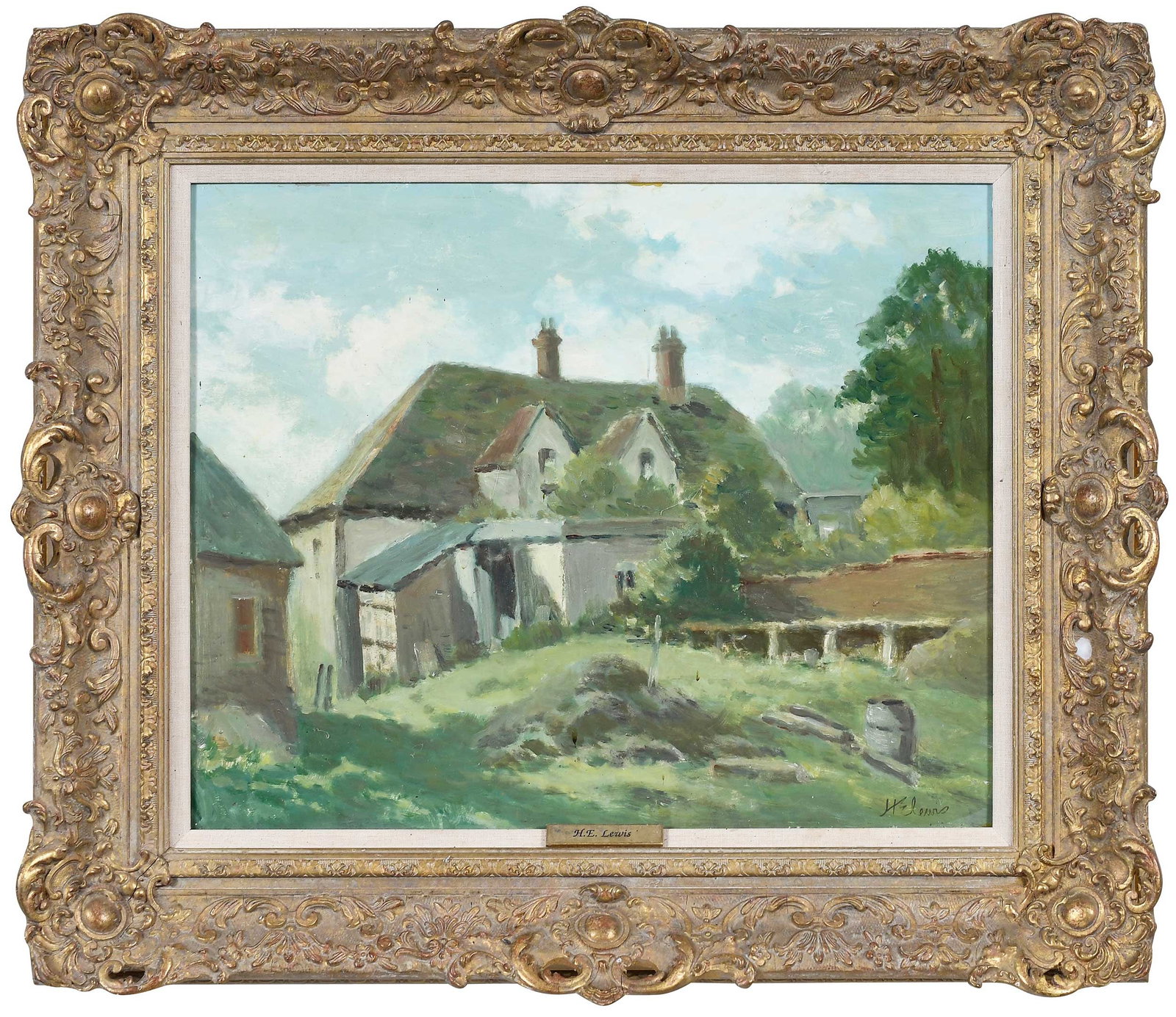 Harry Emerson Lewis: (American, 1892 - 1958) Off George Street, Hailsham, signed lower right "HE Lewis", signed and titled on artist label verso, oil on paper, 16-7/8 x 20-7/8 in.; gilt wood and composition frame, 24-1/8