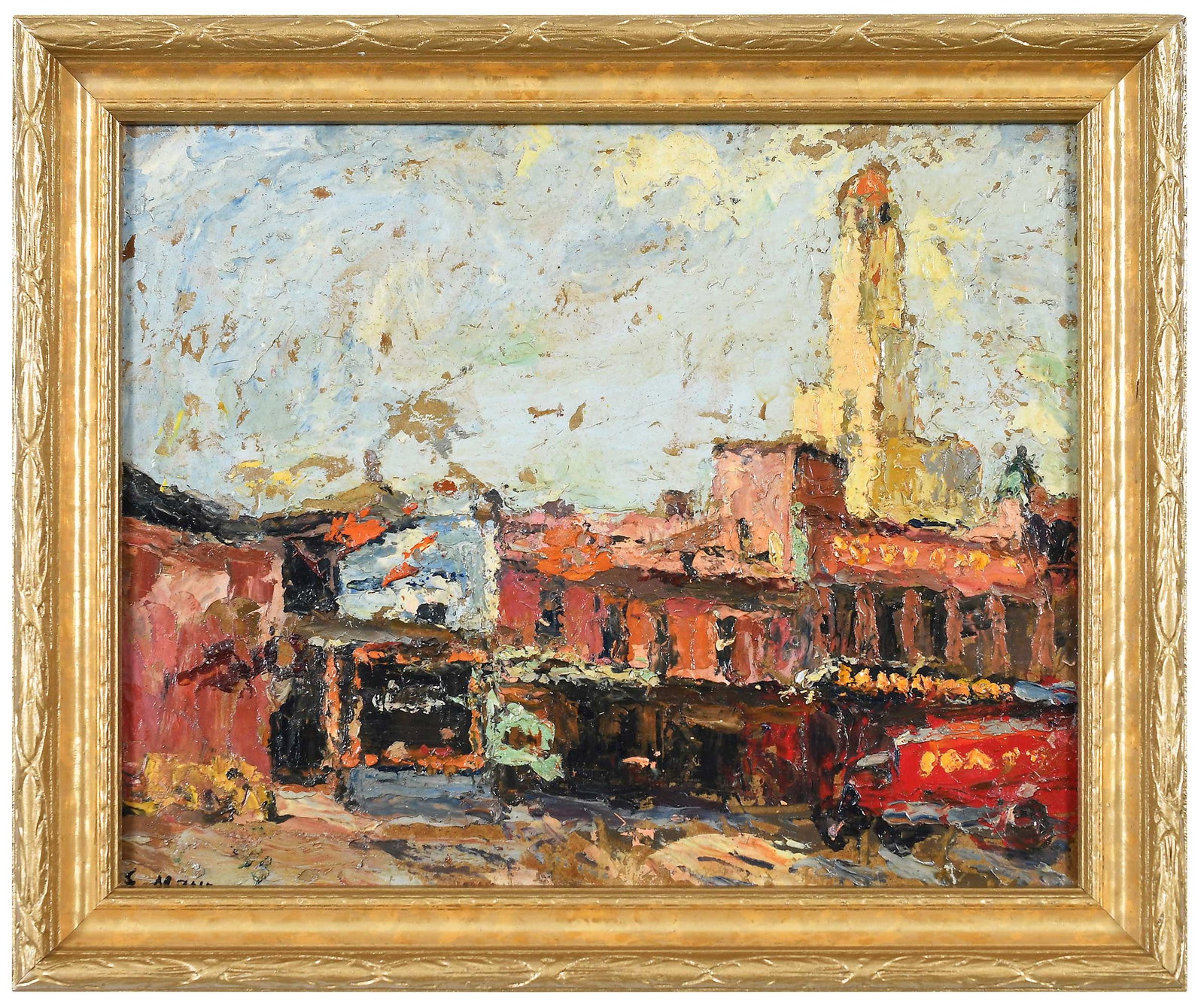 Ernest Frederick Meyer: (German/America, 1863-1952) Impressionist Street Scene, with another street scene sketch verso, signed lower left "E. Meyer", oil on board, 8-1/8 x 10 in.; gilt wood frame, 9-5/8 x 11-5/8 x 7/8 in. Pr