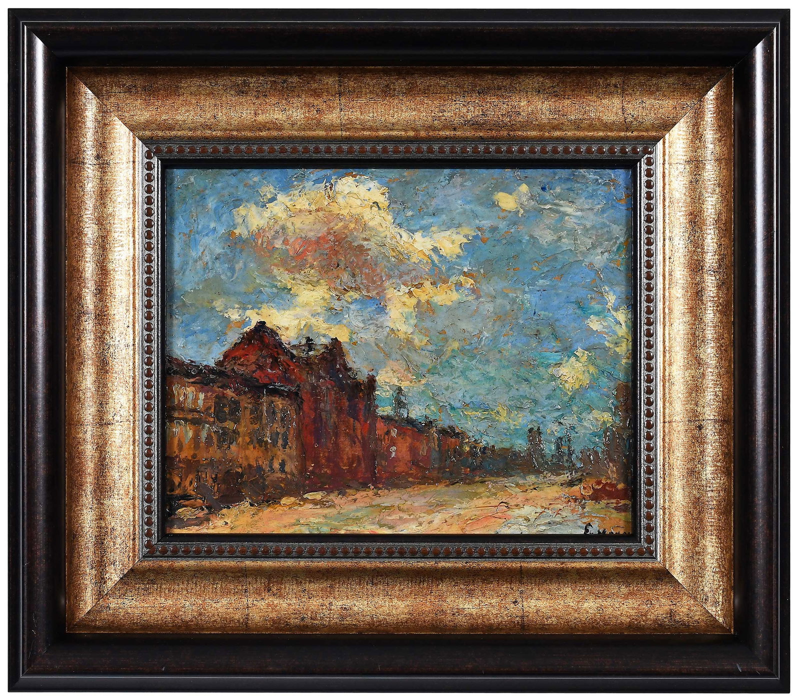 Ernest Frederick Meyer: (German/America, 1863-1952) City Street with Colorful Sky, signed lower right "E. Meyer", oil on board, 7-7/8 x 9-7/8 in.; modern frame, 13-5/8 x 15-5/8 x 1-3/4 in. Provenance: Estate of the Artist