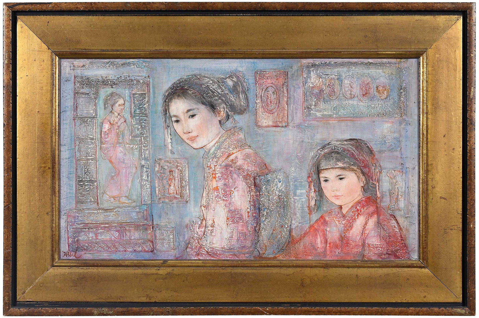 Edna Hibel, Asian Women and Child: (American, 1917-2015) Interior view, signed lower left "Hibel", oil on heavy paperboard, 16 x 26-1/2 in.; modern gilt and painted wood frame, 24-1/8 x 36 1-3/4 in. Provenance: Private Collection,