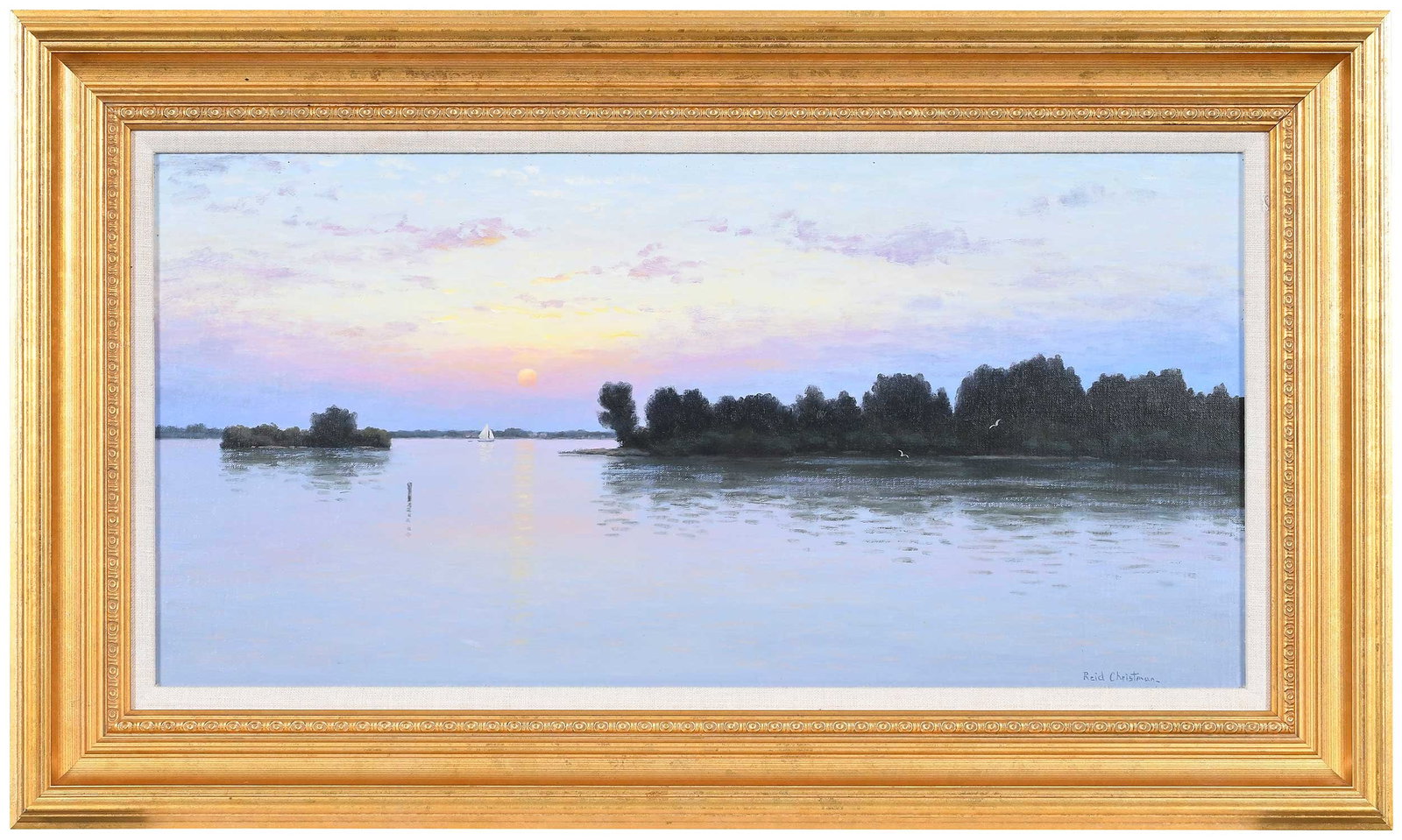 Reid Christman: (American, born 1948) Morning Sunrise, 1999, signed lower right "Reid Christman", inscribed with title and date verso, oil on canvas, 11-7/8 x 23-7/8 in.; gilt wood frame, 17-3/8 x 29-3/8 x 2-1/8 in.