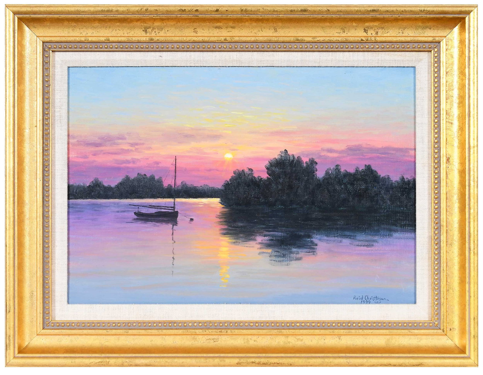 Reid Christman: (American, born 1948) Sunset by the River, 1999, signed and dated lower right "Reid Christman 1999", inscribed with title and date verso, oil on canvas, 11-1/4 x 16-1/8 in.; gilt wood frame, 16 x 21