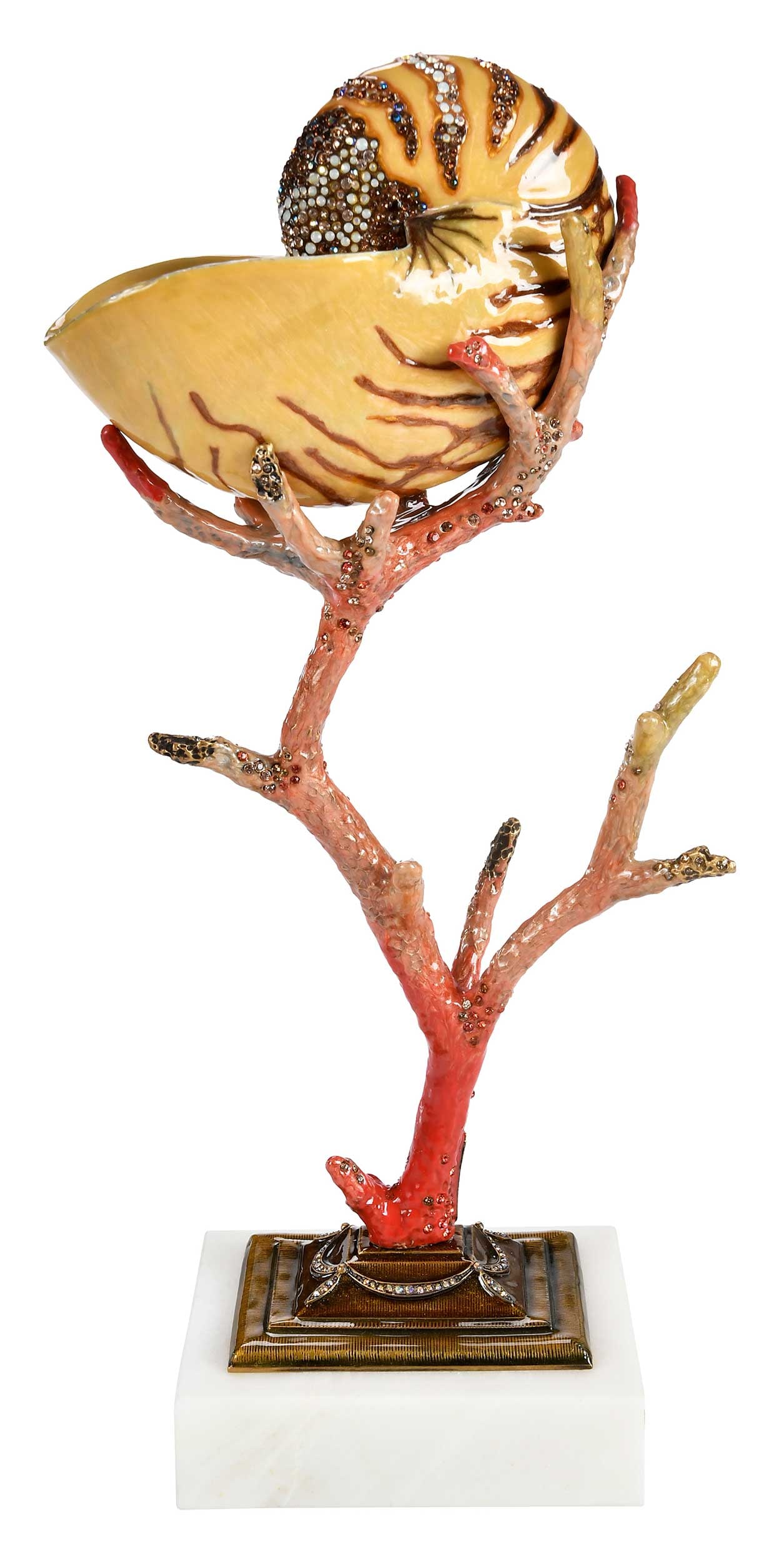 Jay Strongwater Enamel and Rhinestone Coral and Shell Sculpture: (American b. 1960) plaque to coral marked "Jay Strongwater", 14-1/4 x 5-3/4 x 3-5/8 in.; in original box, 11 x 16-1/4 x 10-3/4 in. Provenance: Private Charlotte Collection