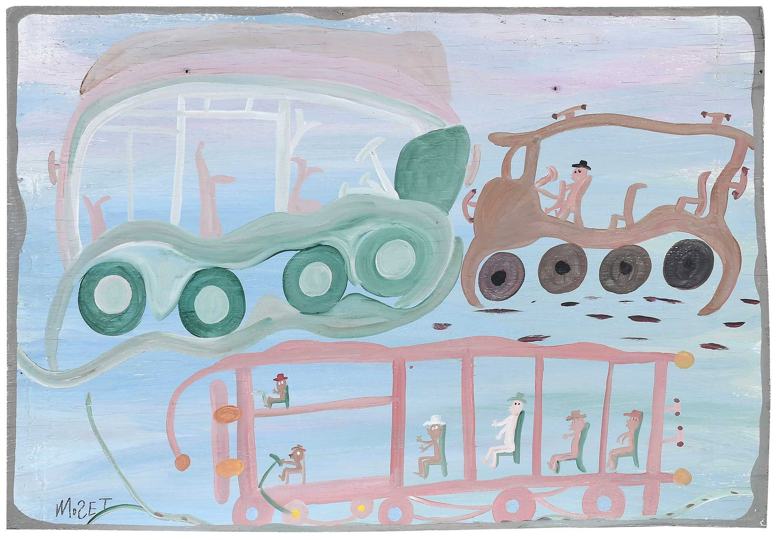 Mose Tolliver: (American/Alabama, 1918-2006) Bus Trio, signed "Mose T" to lower left, paint on board, 24-1/4 x 35 x 1/2 in. Provenance: Buddy Mitchell, Montgomery, Alabama; Property from the Collection of Ted and