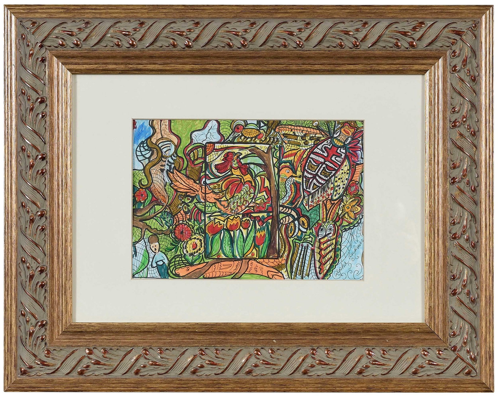 Alpha Andrews: (American/Georgia, 1932-1996) Fish and Fowl, signed at lower right, mixed media on paper, sight 7-1/2 x 10-3/4 in.; carved gilt wood frame, 18-1/2 x 23-1/4 x 3/4 in. Provenance: Property from the