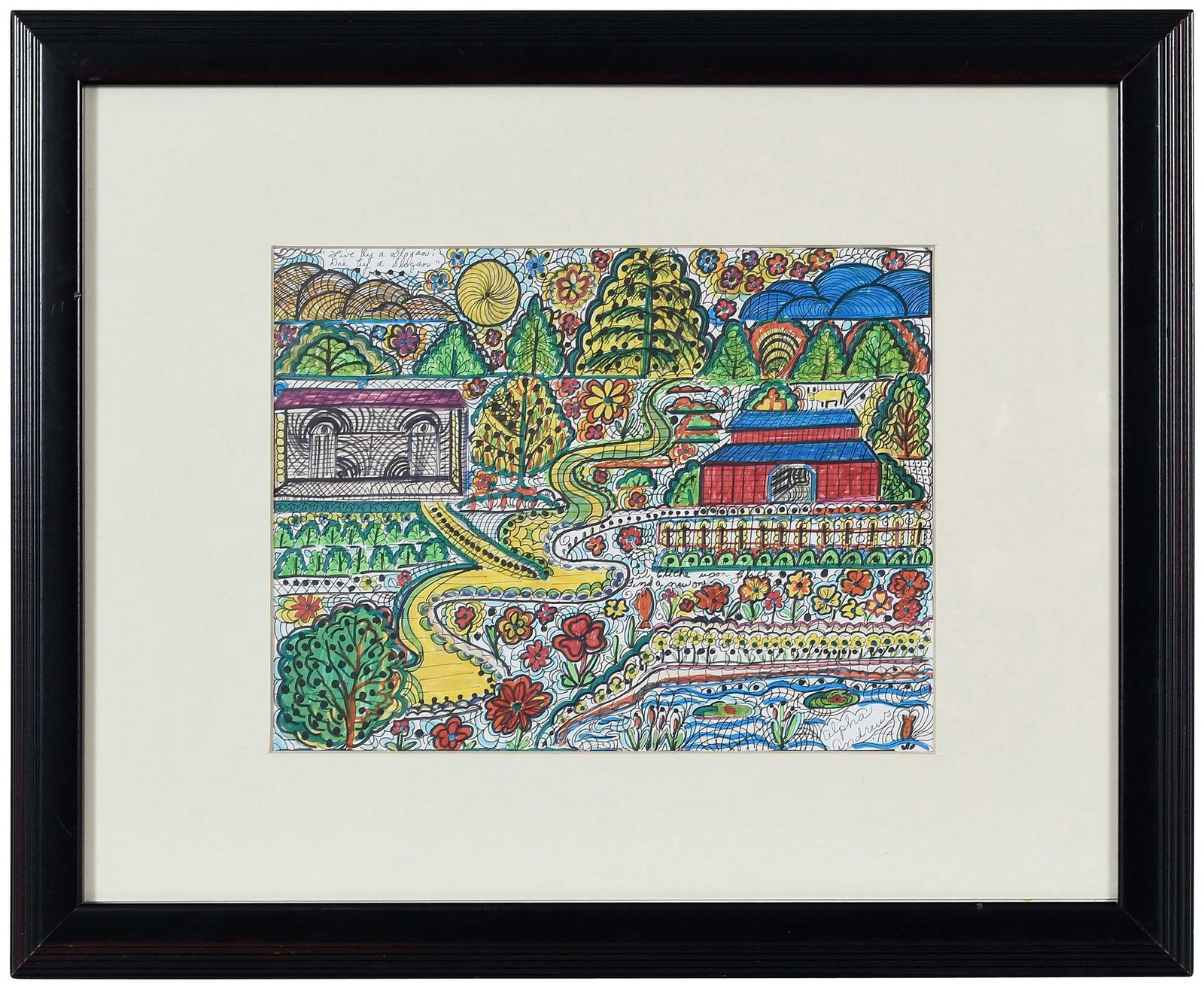 Alpha Andrews: (American/Georgia, 1932-1996) Live by a Slogan Die by a Slogan, signed lower right corner, mixed media on paper, 9-1/2 x 12-1/4 in.; modern black painted wood frame, 19 x 22-5/8 x 1 in. Provenance: