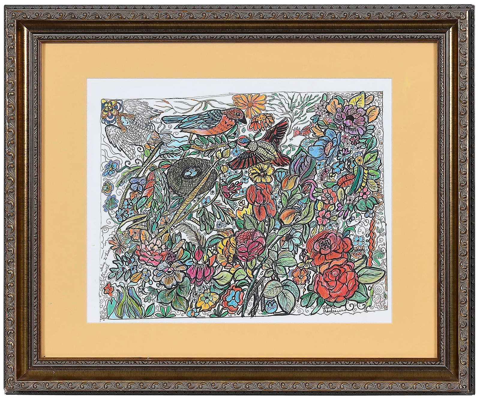 Alpha Andrews: (American/Georgia, 1932-1996) Time To Time Travel, signed lower right, multimedia on paper, sight 11-3/4 x 15 in.; carved wood frame, 19-1/4 x 23-1/4 x 1-3/4 in. Provenance: Property from the