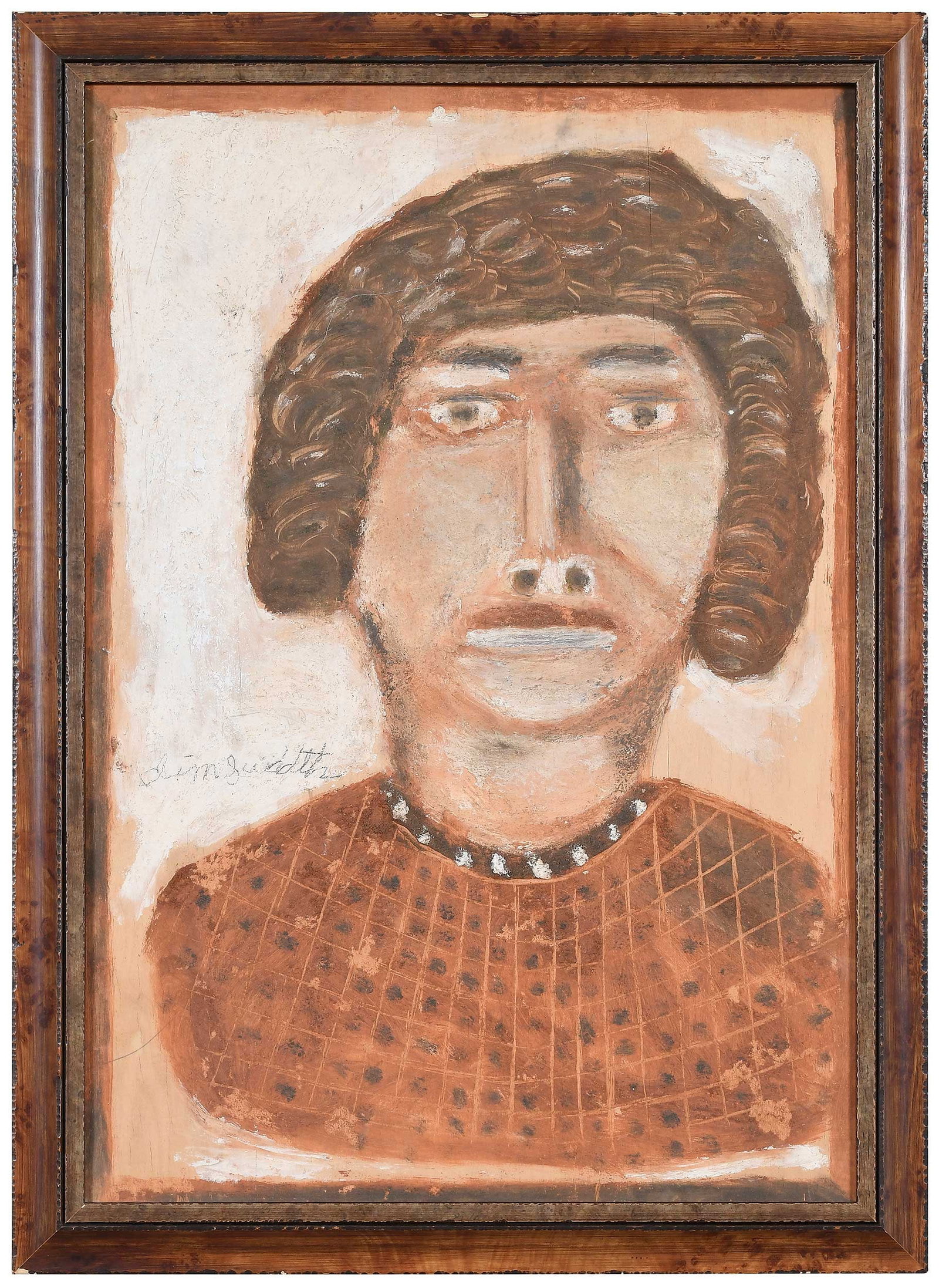 Jimmy Lee Sudduth: (American/Alabama, 1910-2007) Lady with Brown Hair and Pearl Necklace, signed left "Jim Sudduth", mud and paint on board, sight 25-1/4 x 17-1/2 in.; painted wood frame, 28-1/4 x 20-1/2 x 1 in.