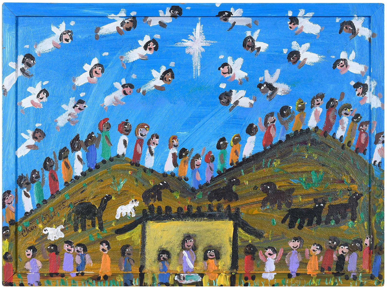 Chris Clark: (American/Alabama, 1958-2011) Go Tell It On the Mountain, Over the Hill and Everywhere, 2005, signed and dated lower left and verso, titled verso, acrylic on bulletin board, 17 x 23 x 3/4 in.