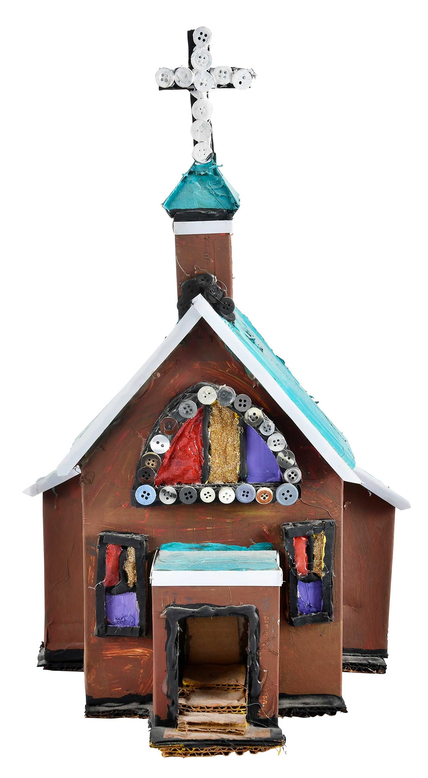 Chris Clark: (American/Alabama, 1958-2011) Sunday Church, signed to lower right side, acrylic on cardboard and found objects, 17 x 10-1/2 x 8-1/4 in. Provenance: Property from the Collection of Ted and Ann Oliver