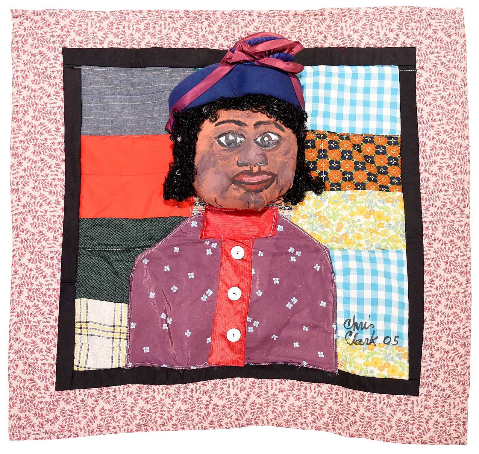 Chris Clark: (American/Alabama, 1958-2011) Woman in Hat Quilt, 2005, signed and dated lower right "Chris Clark 05", acrylic and mixed fabric construction, approximately 29-1/4 x 30-1/4 x 4-3/4 in. Provenance: