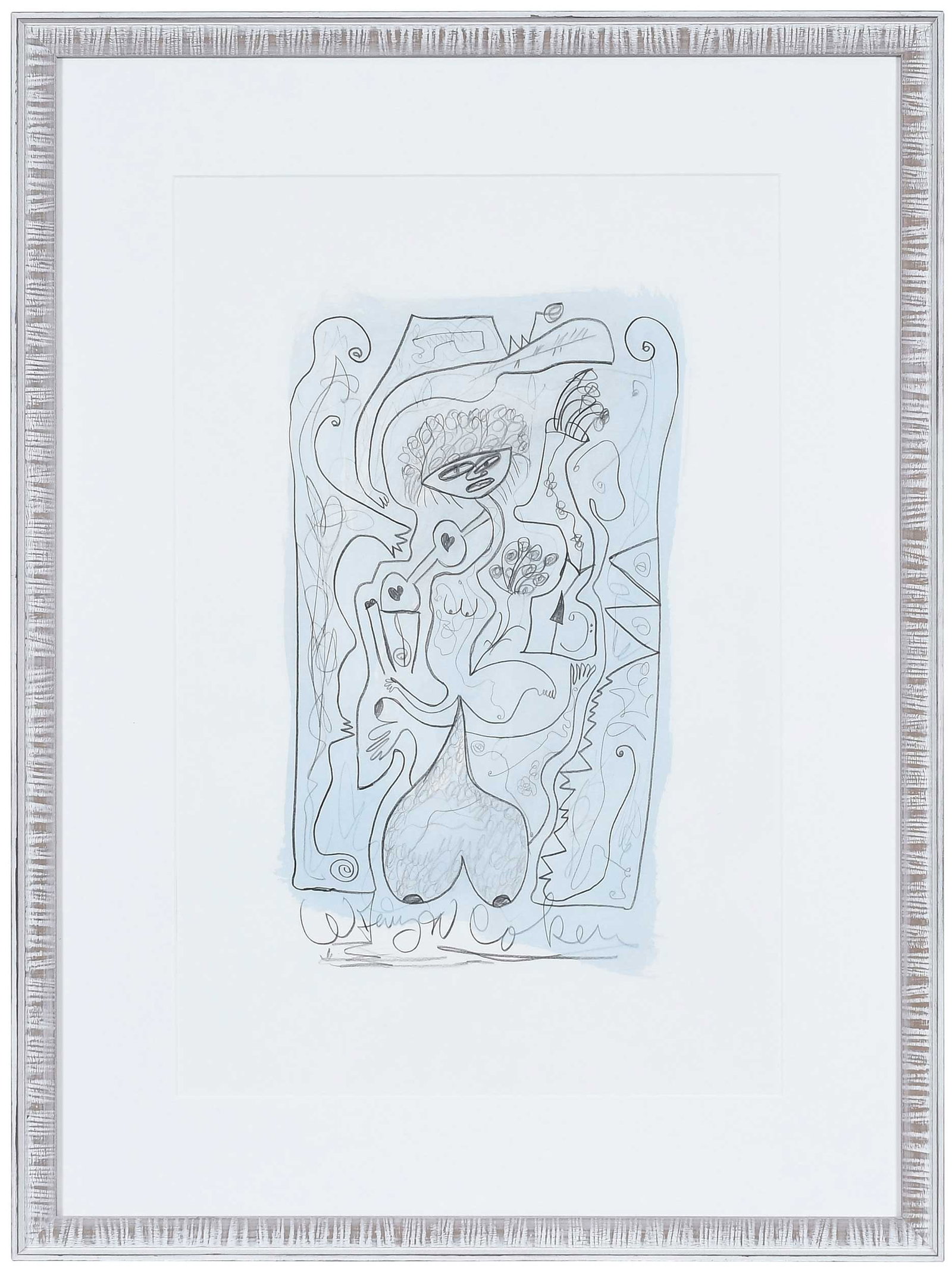 Jerry Coker: (American/Arkansas, born 1938) Abstract Blue Lady Composition, signed across bottom "Jerry W Coker", watercolor and pencil on paper, sight 23-1/4 x 15-1/2 in.; modern whitewashed frame, 32 x 24 x 3/4