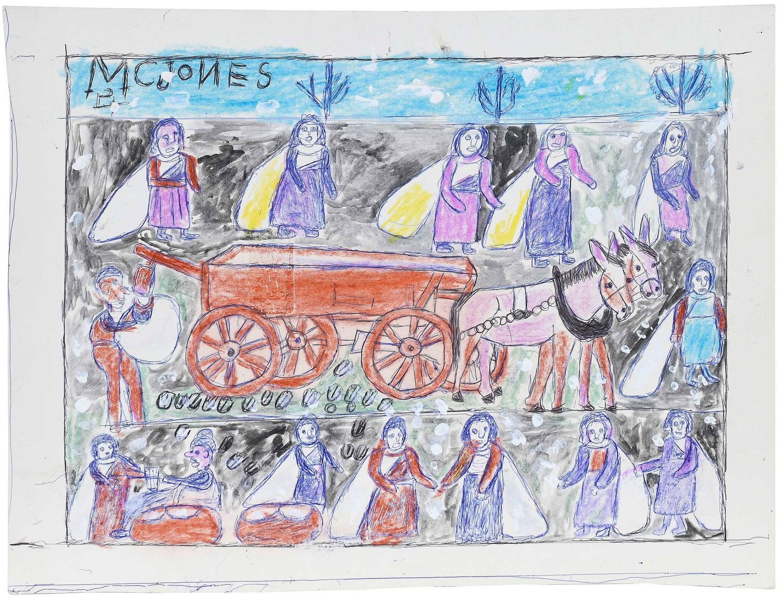 M.C. "5 Cents" Jones: (American/Louisiana, 1917-2003) Picking Cotton, signed at upper left corner, multimedia on paper, 13-5/8 x 17-1/2 in.; unframed Provenance: Property from the Collection of Ted and Ann Oliver