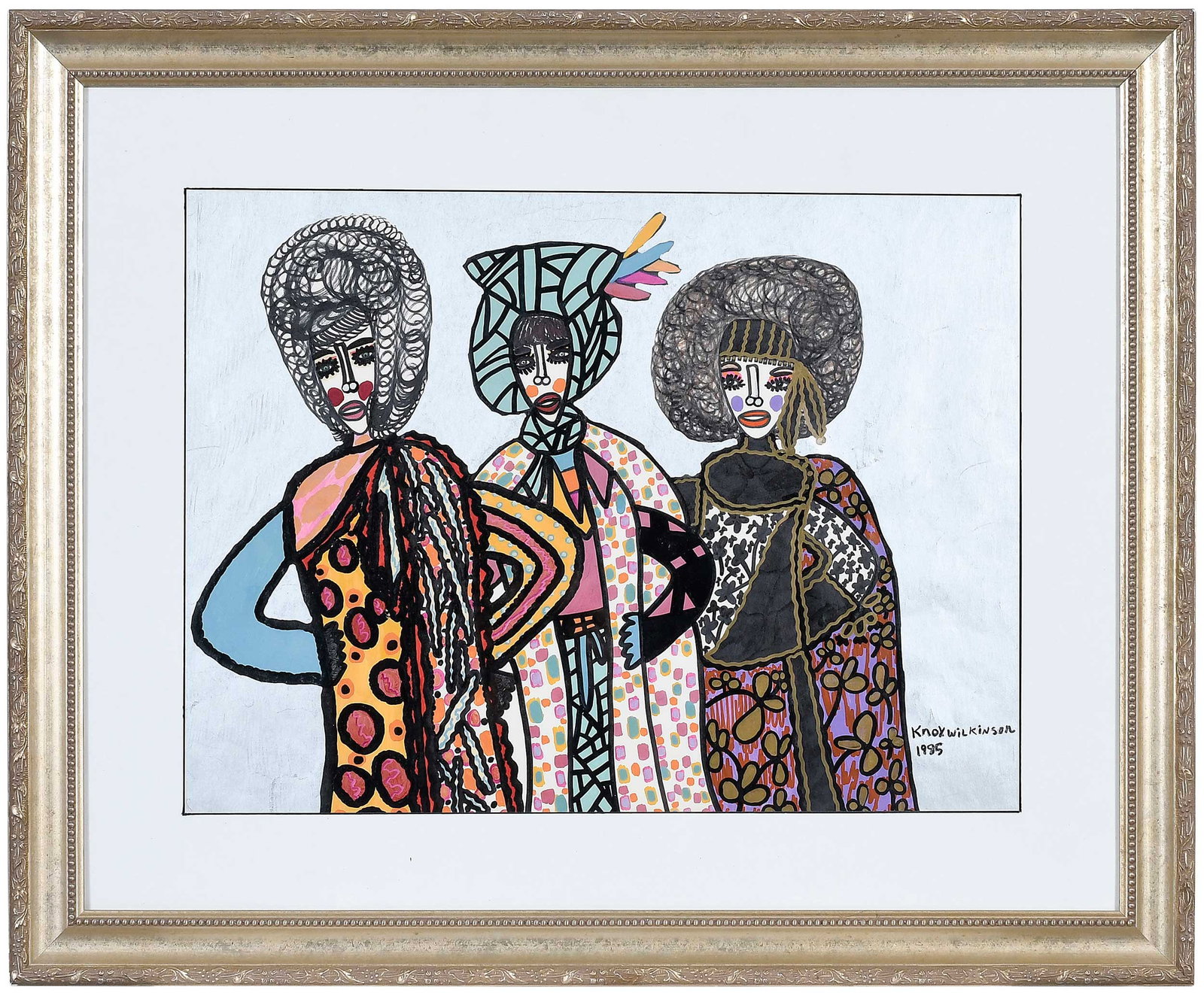 Wallace Knox Wilkinson, Jr.: (American/Georgia, 1954-2016) Three Ladies, 1985, signed and dated lower right "Knox Wilkinson/1985", paint, pen, and marker on paper, sight 17 x 23 in.; carved and gilt wood frame, 26-3/4 x 32-3/4 x