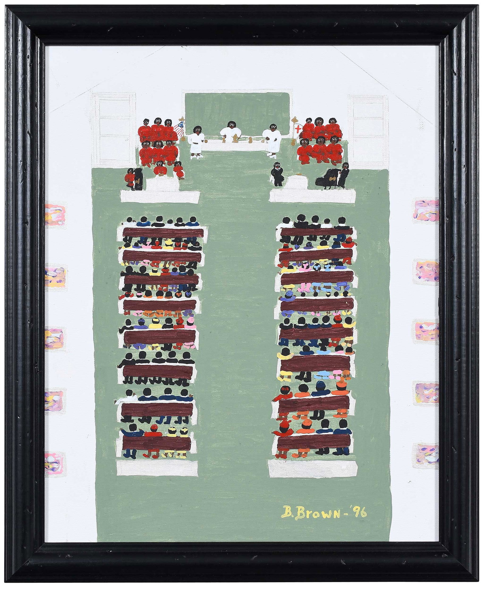 Betty Brown: (American/Georgia, 1932-2011) Church Scene, 1996, signed and dated lower right "B. Brown - '96", acrylic on canvas, 20 x 16 in.; black painted wood frame, 22-5/8 x 18-5/8 x 1-1/2 in. Provenance: