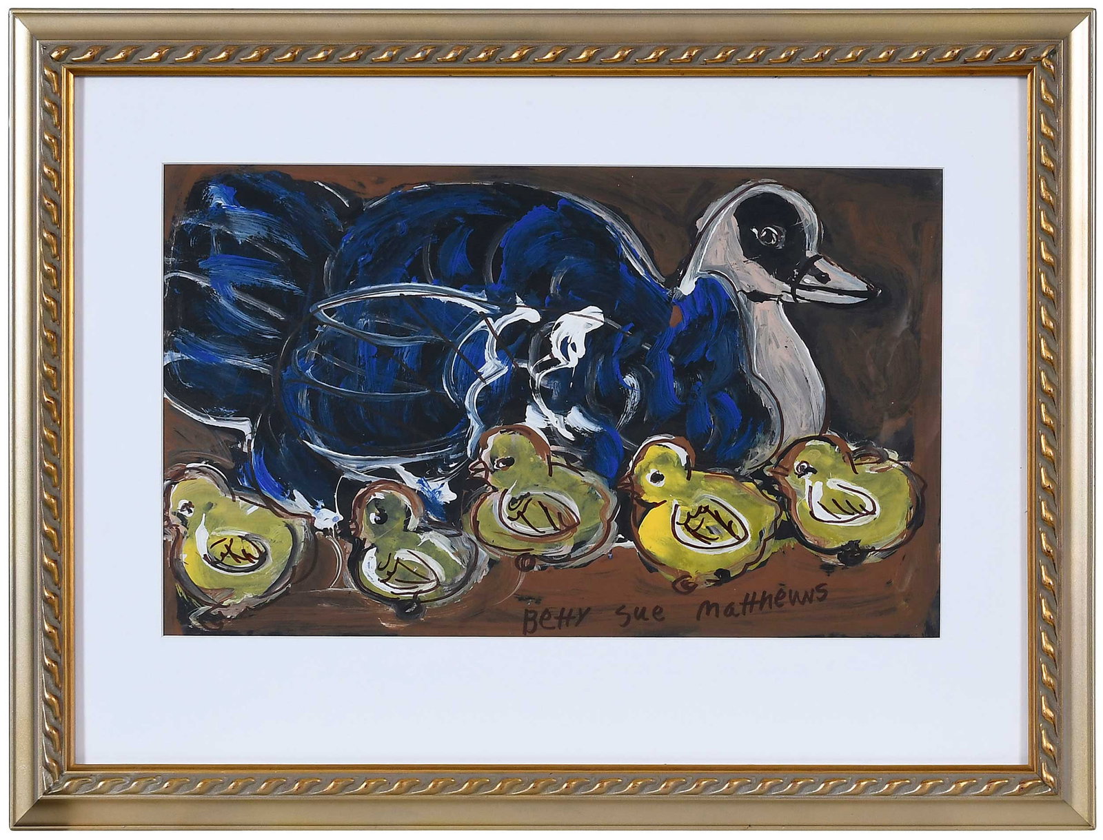 Betty Sue Matthews: (American/Alabama, born 1950) Mama Duck & Ducklings, signed to lower right, tempera on matboard, sight 11 x 17-3/4 in.; gilt wood frame 19-1/2 x 25-1/4 x 1-1/2 in. Provenance: Property from the