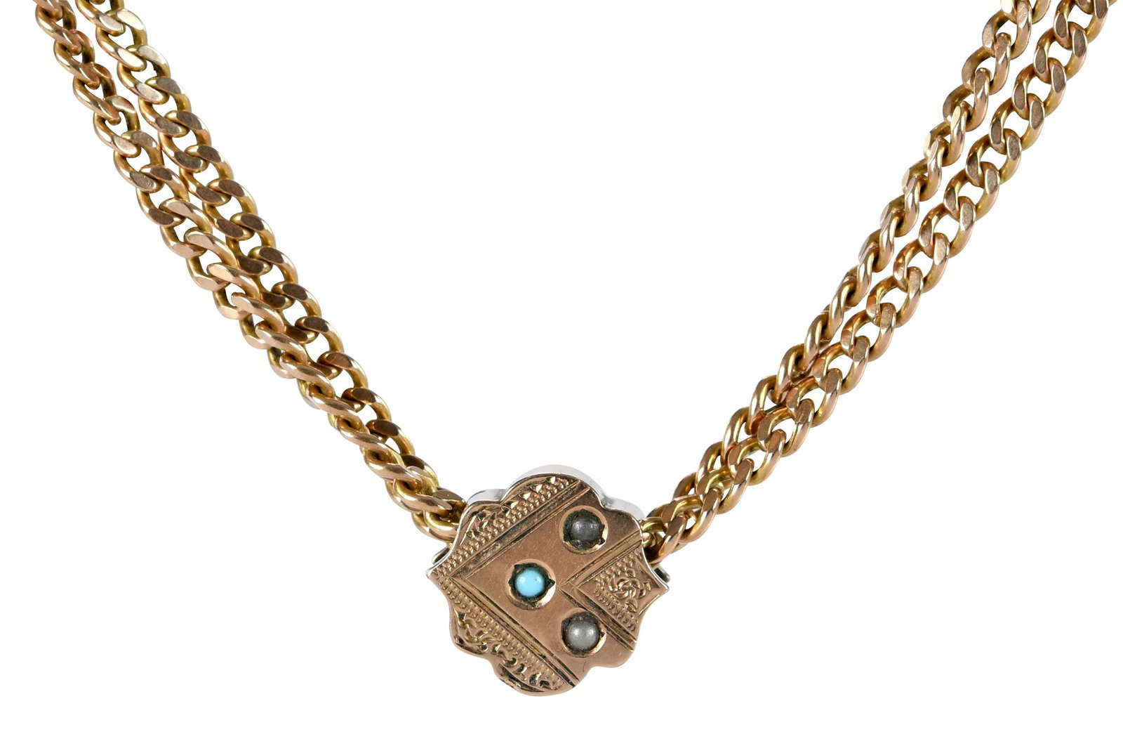 14kt. Antique Guard Chain with Turquoise Slide: decorated slide charm, three round cabochon cut turquoise, tests 14kt. yellow gold, approx. 12.0mm diameter, curb link chain, tests 14kt. yellow gold, 28 in. length, spring clasp does not test gold; t