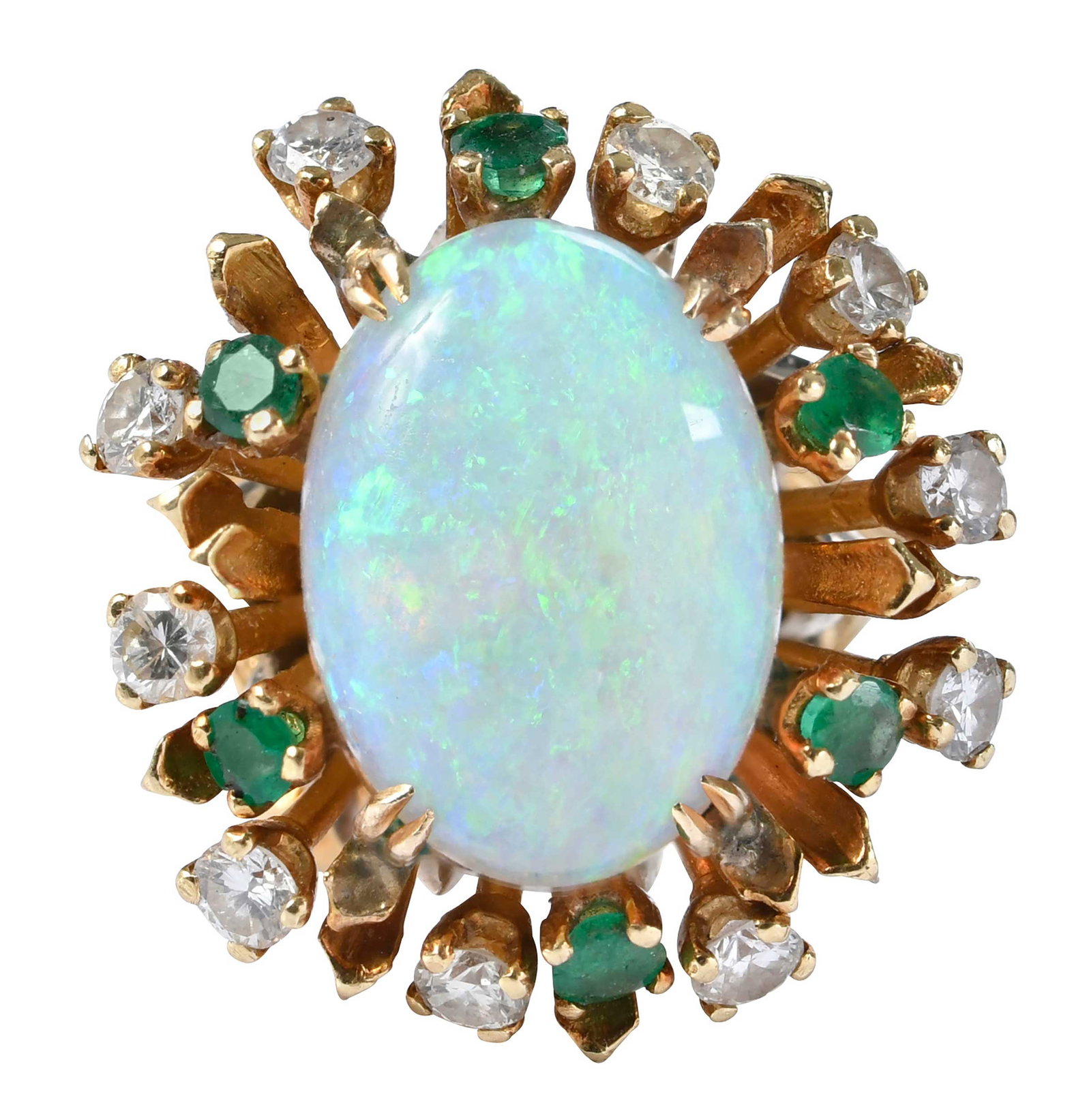 18kt. Opal, Diamond and Emerald Flower Ring: oval shape cabochon opal, round full cut diamonds, round full cut emeralds, marked "18K", yellow gold, 7 ring sz., 12.0 g Provenance: Private Collection Note: Brunk Auctions makes no warranty or guara