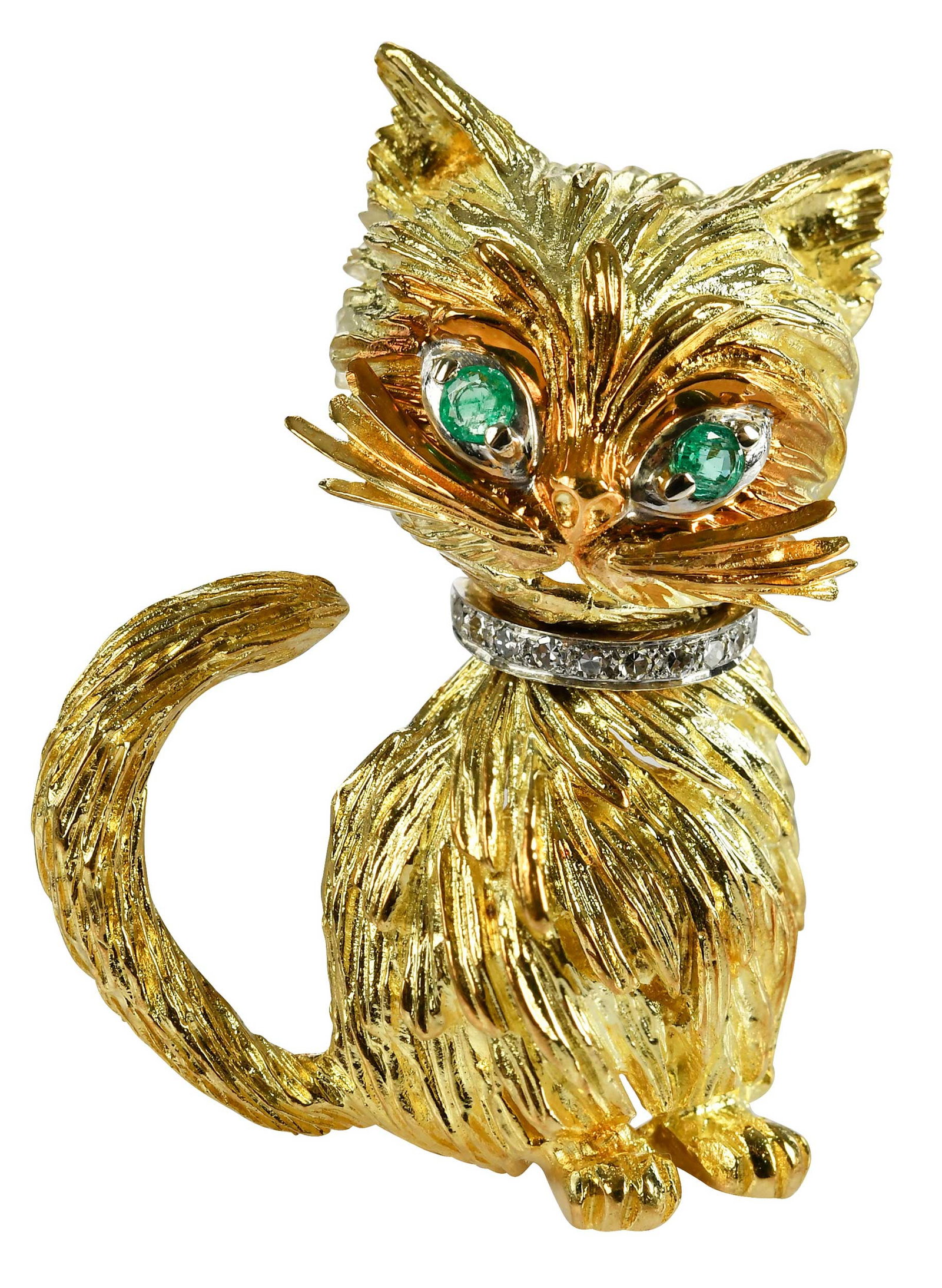 18kt. Tiffany & Co. Emerald and Diamond Cat Brooch: two round faceted emerald eyes, round faceted diamond collar, marked "18K", yellow and white gold, 1-5/8 in. length, 21.1 g, Tiffany & Co. box Provenance: Private Virginia Collection Note: Brunk Aucti
